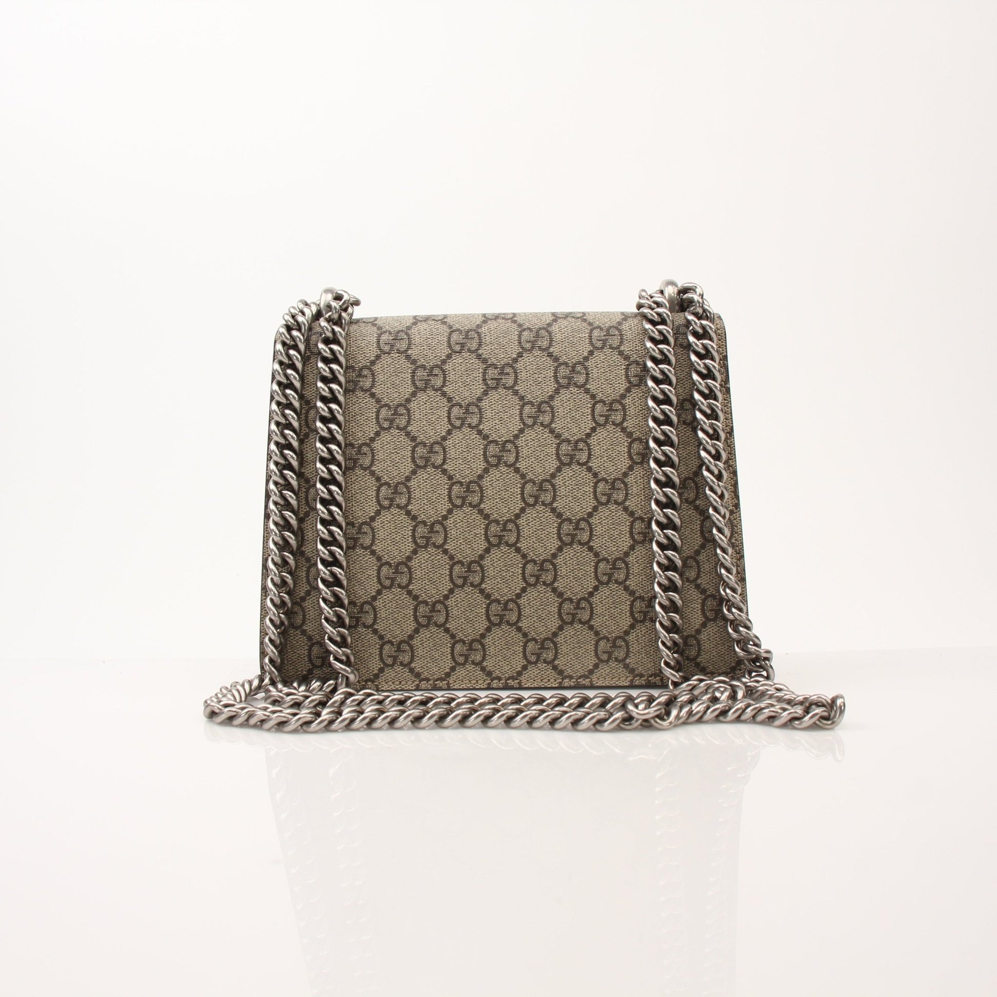 Gold & Beyond Gucci Dionysus Mini Shoulder Bag handbag with floral embroidery and gold chain strap, stylish and compact accessory.