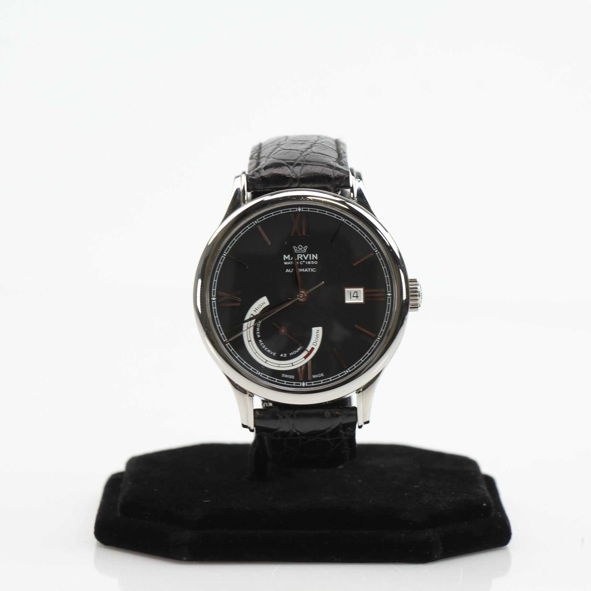 Marvin automatic dress watch by Gold & Beyond featuring a sleek silver dial and stainless steel bracelet.