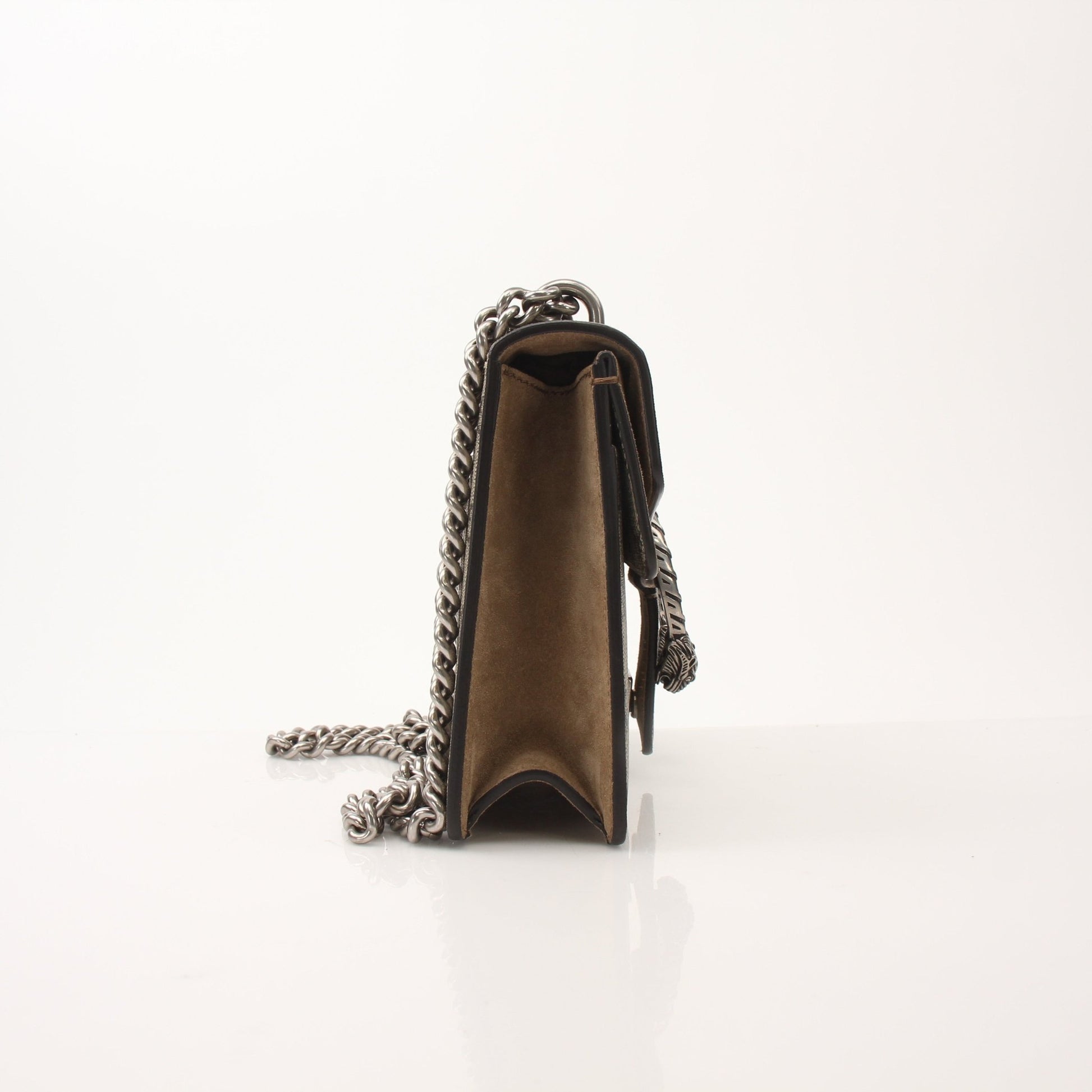 Gucci Dionysus Mini Shoulder Bag in beige and brown leather with gold-tone hardware and signature tiger head clasp.
