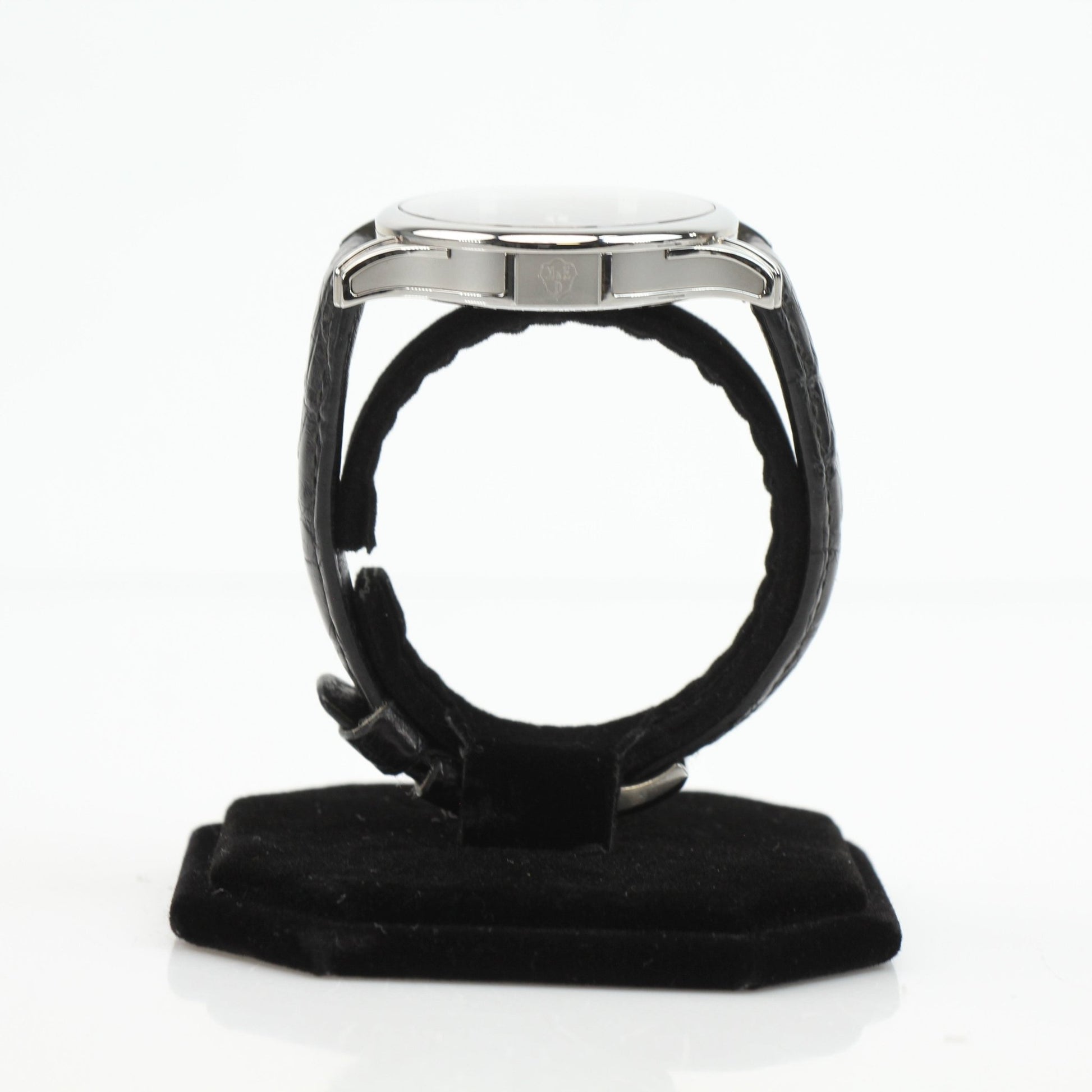Marvin automatic dress watch by Gold & Beyond showing a sleek round face, silver dial, and stainless steel strap.