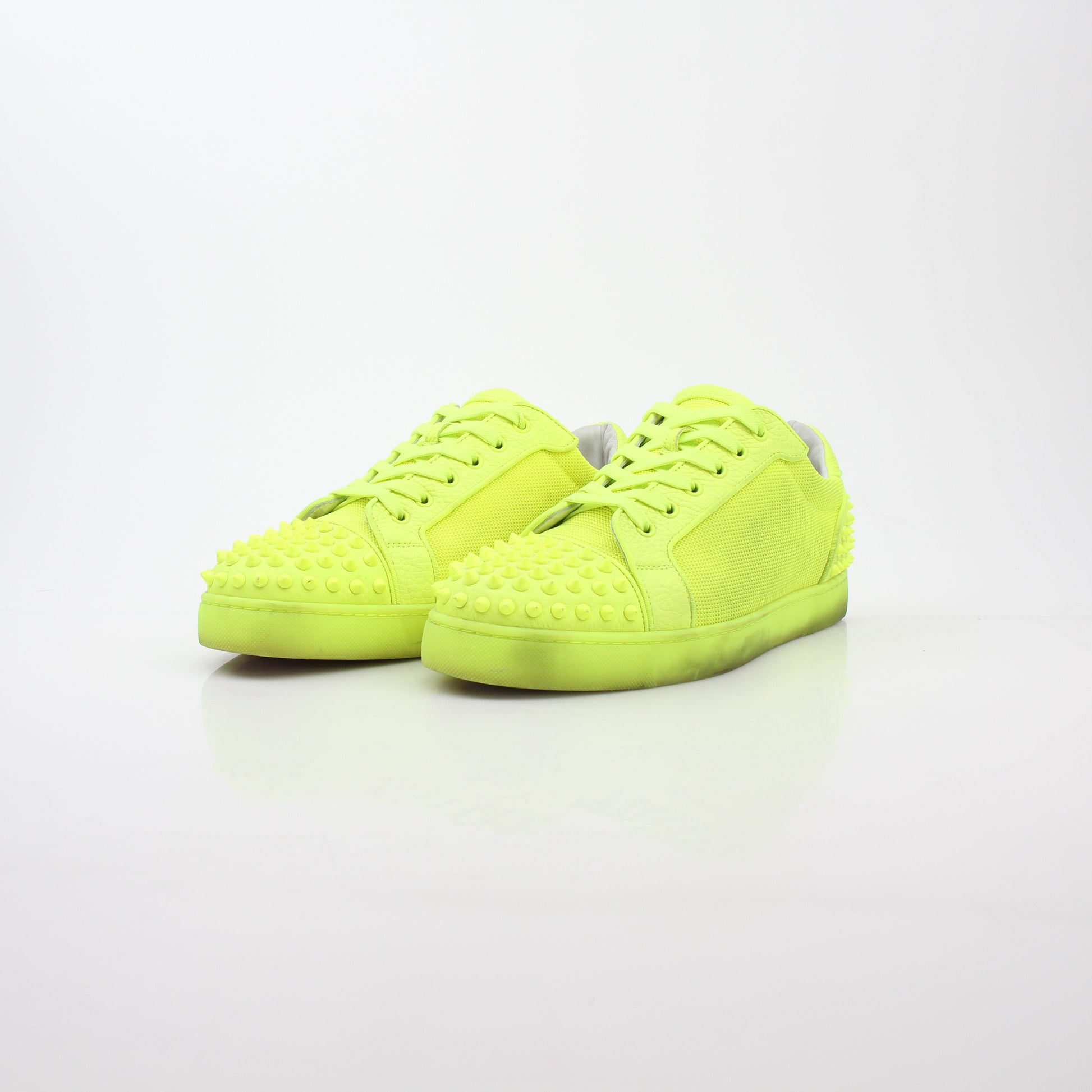 Christian Louboutin Neon Yellow Seavaste 2 Orlato sneakers with black accents and louboutin logo on the side, stylish shoes for casual wear