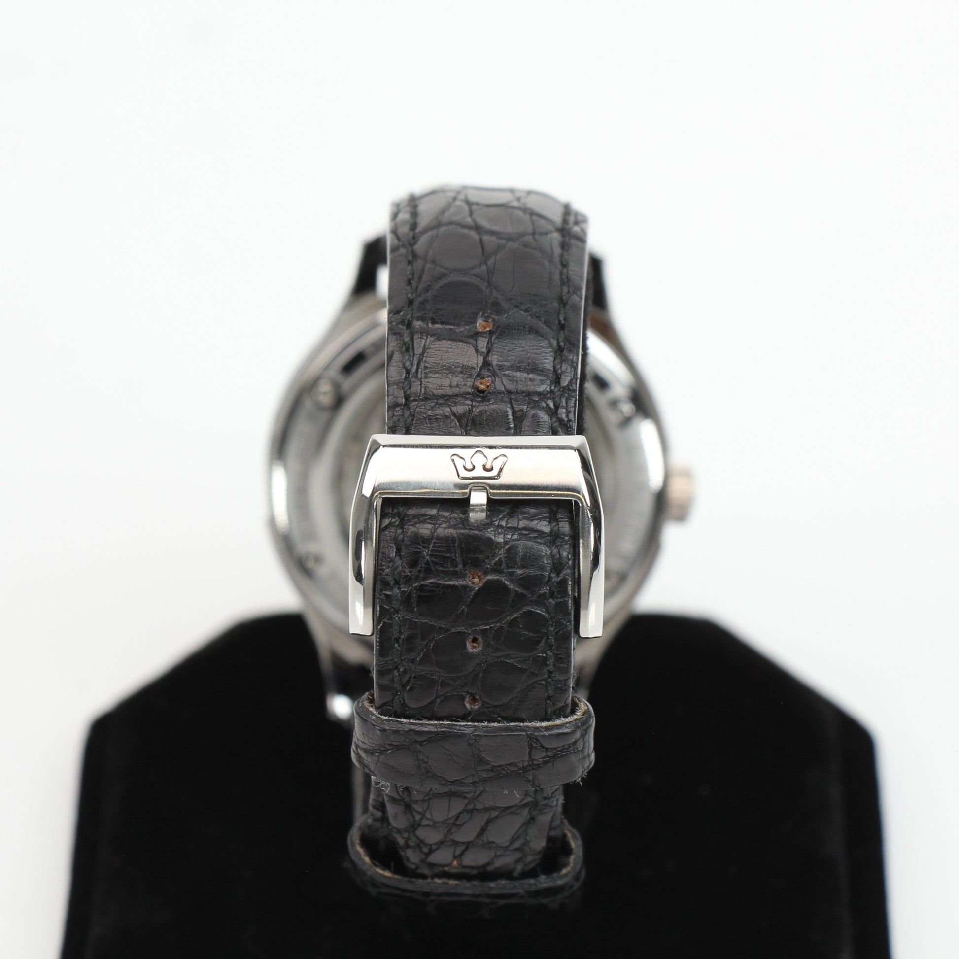 Marvin automatic dress watch by Gold & Beyond showing a sleek gold-tone case, white dial, and leather strap.