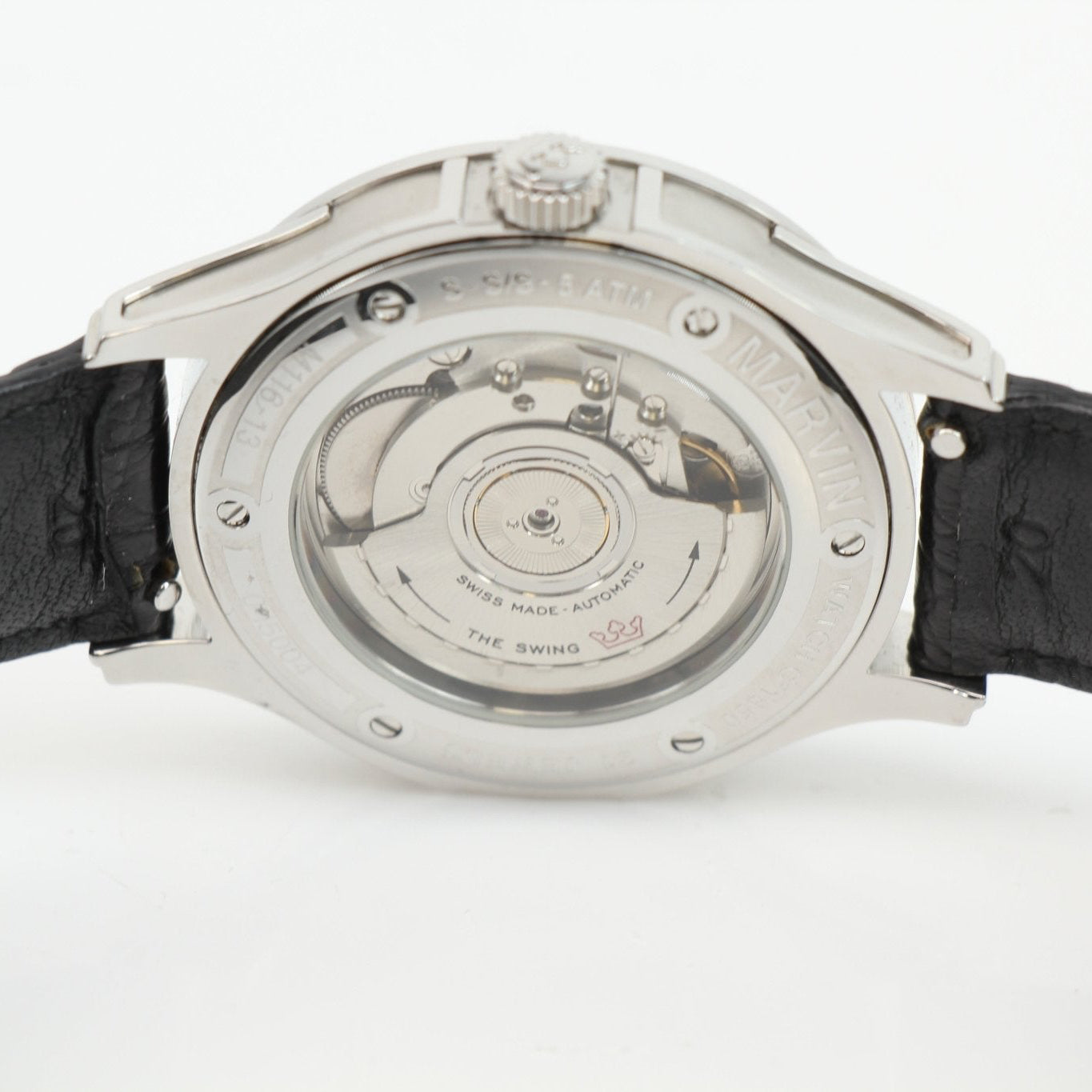 Gold & Beyond Marvin automatic dress watch with sleek black dial and stainless steel bracelet, elegant and stylish accessory.