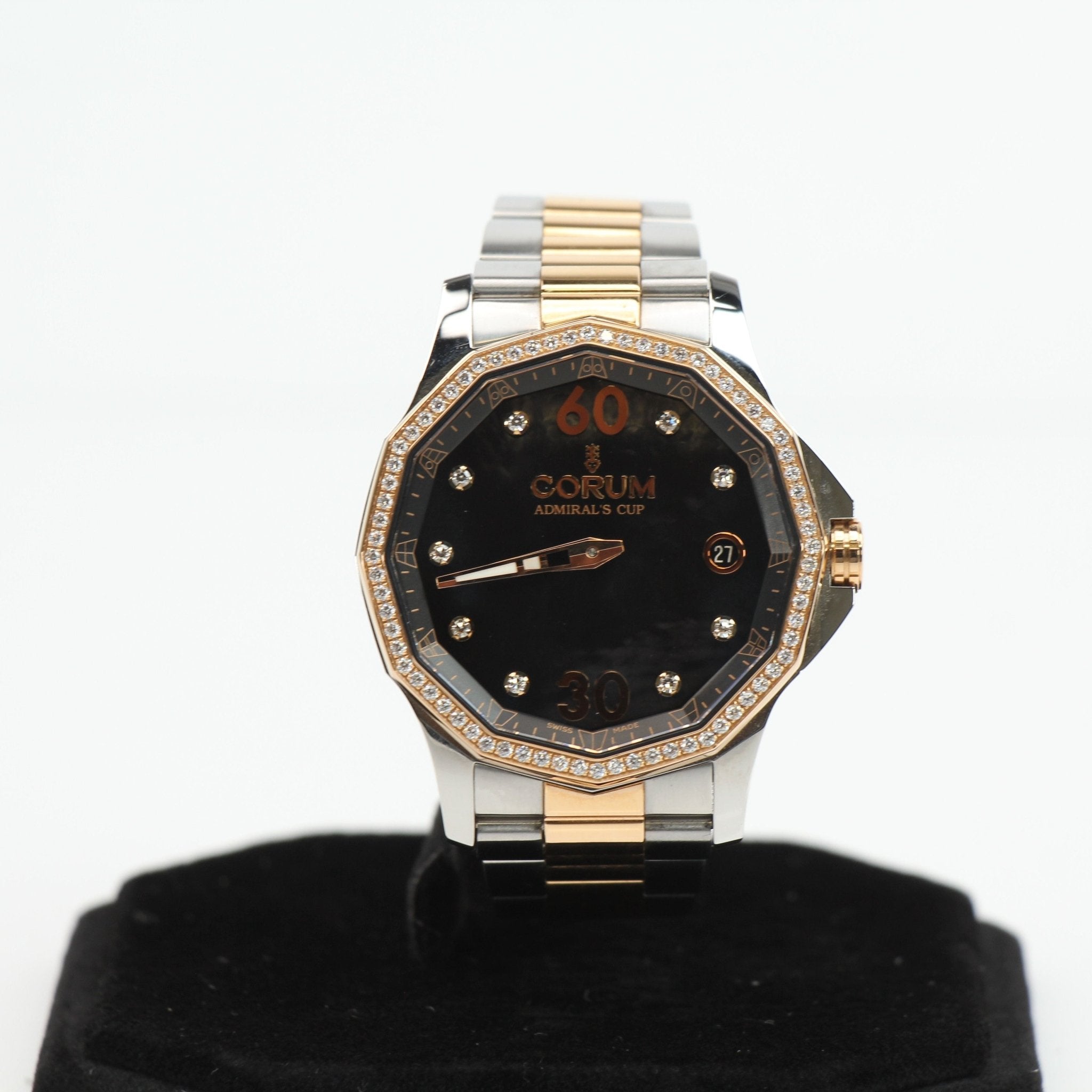 Gold & Beyond Corum Admiral’s Cup Diamond Watch with stainless steel case and diamond accents on the dial.