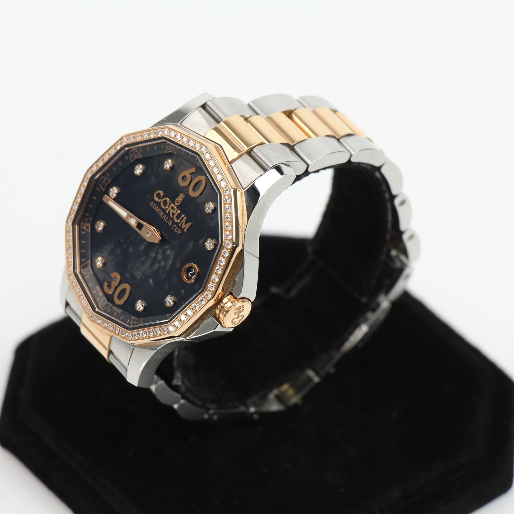Gold & Beyond Corum Admiral’s Cup Diamond Watch with a stainless steel case, diamond accents, and a detailed watch face.