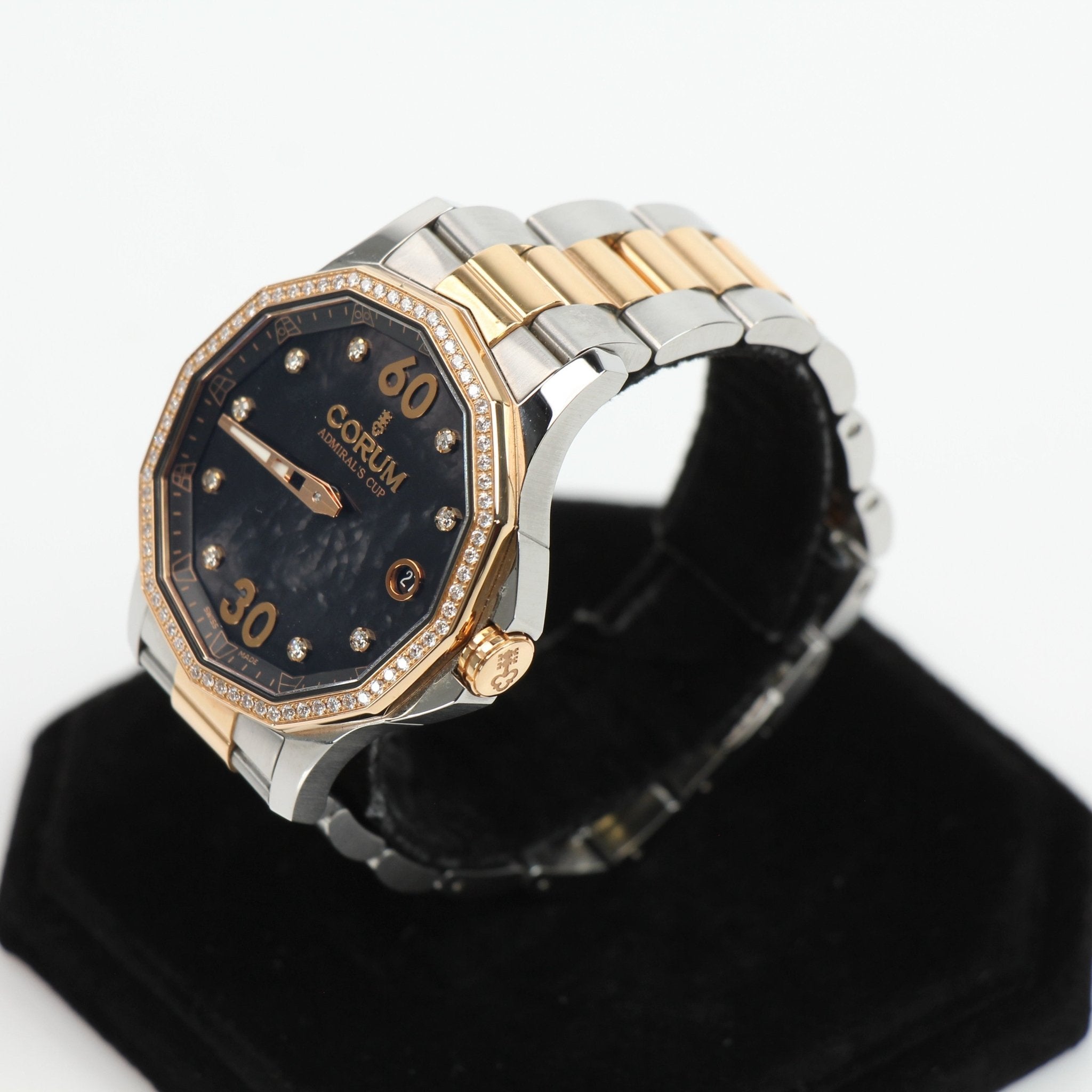 Gold & Beyond Corum Admiral’s Cup Diamond Watch with a stainless steel case, diamond accents, and a detailed watch face.