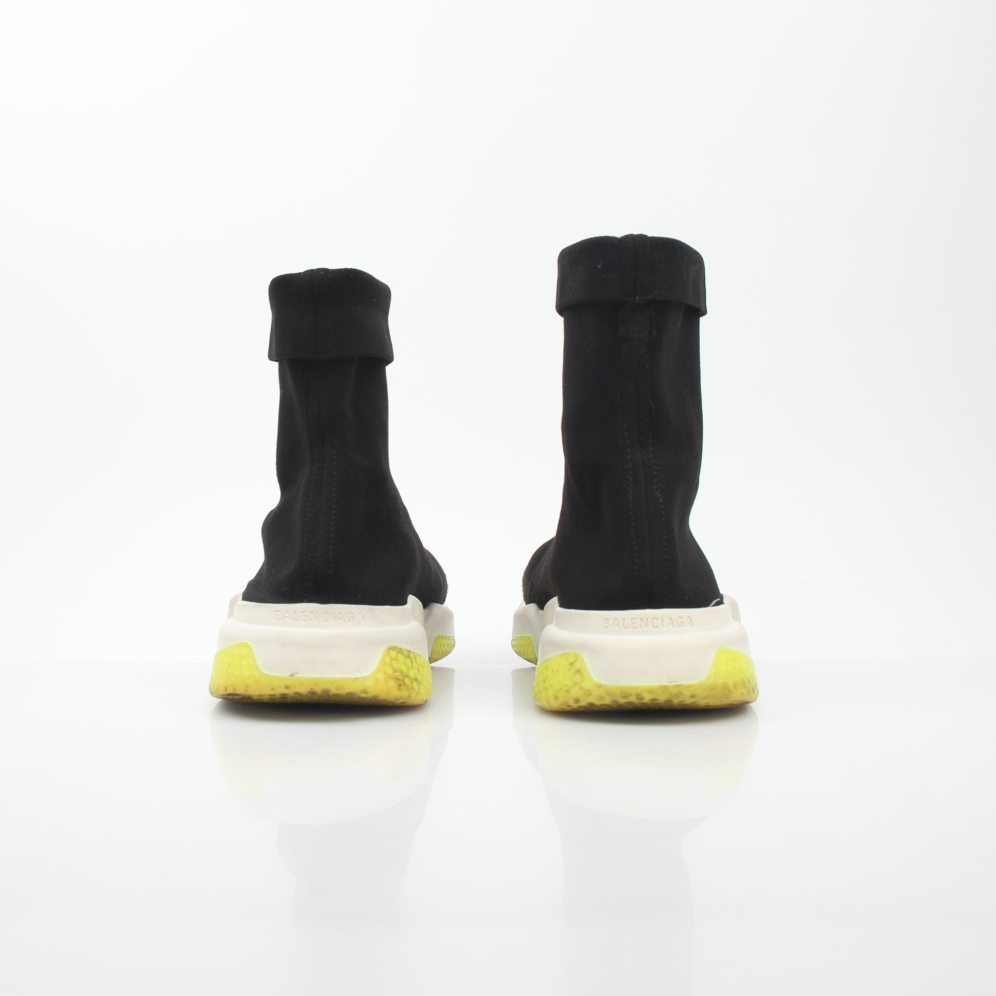 Gold & Beyond black Balenciaga Speed 2.0 Turn Over Knit Sneakers with sleek design and knit upper, front view showing laces and sole.