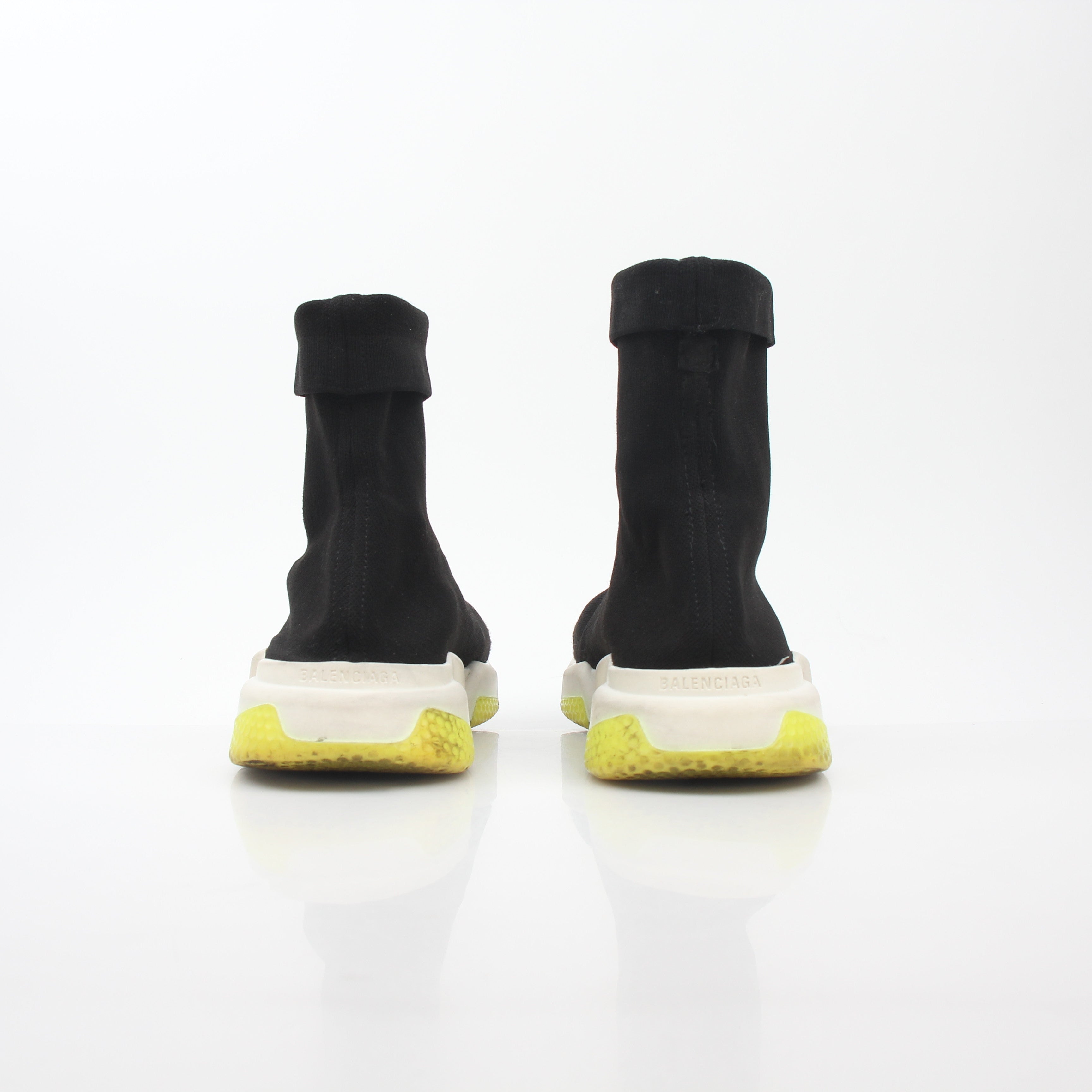 Gold & Beyond black Balenciaga Speed 2.0 Turn Over Knit Sneakers with sleek design and knit upper, front view showing laces and sole.