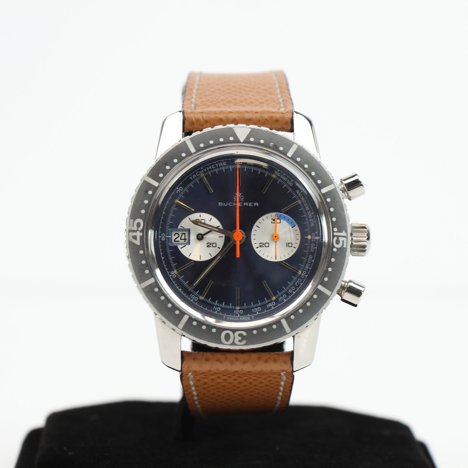 Gold & Beyond Bucherer vintage chronograph watch with a classic design and detailed dial, showcasing a timeless timepiece.
