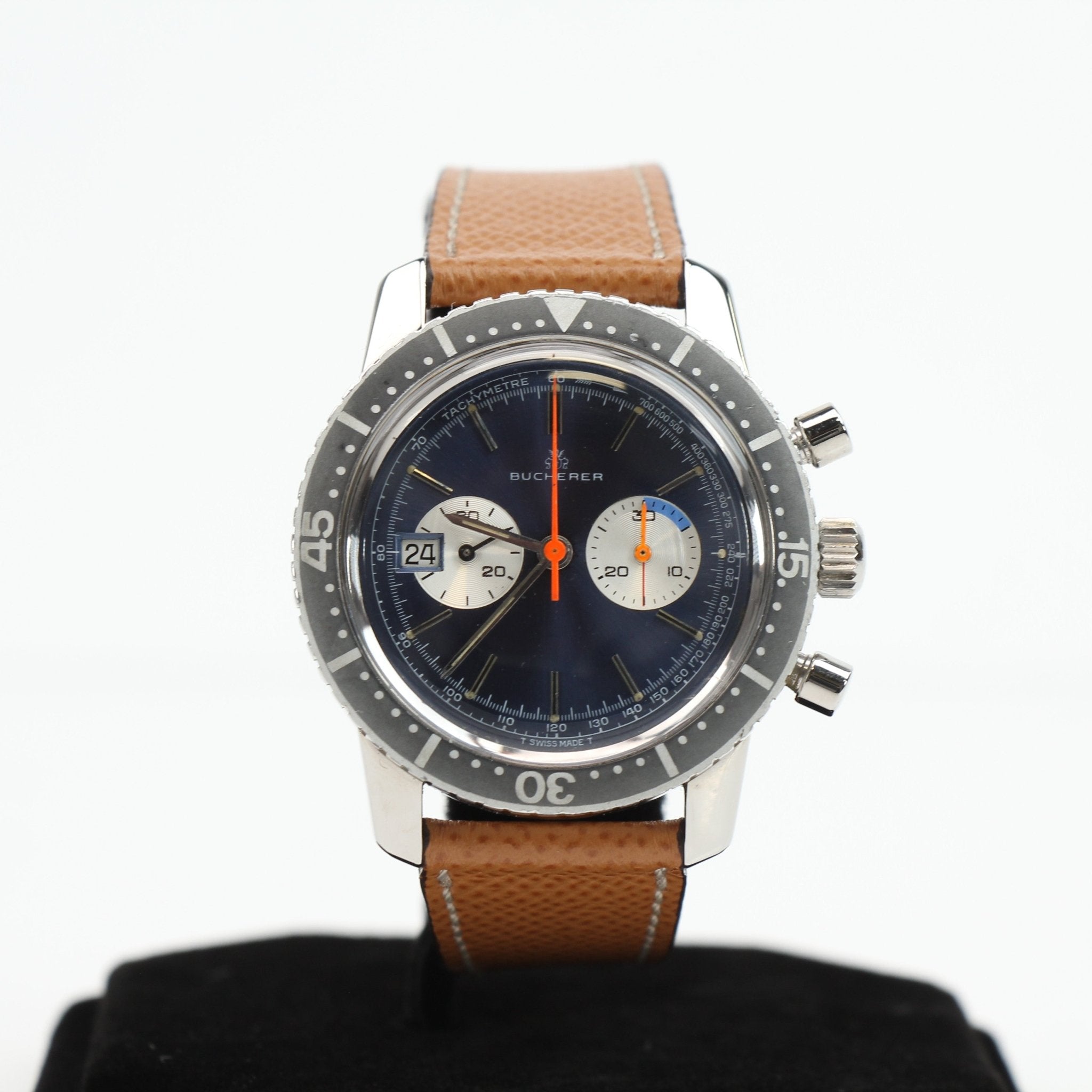 Gold & Beyond Bucherer vintage chronograph watch with a classic design and detailed dial, showcasing a timeless timepiece.