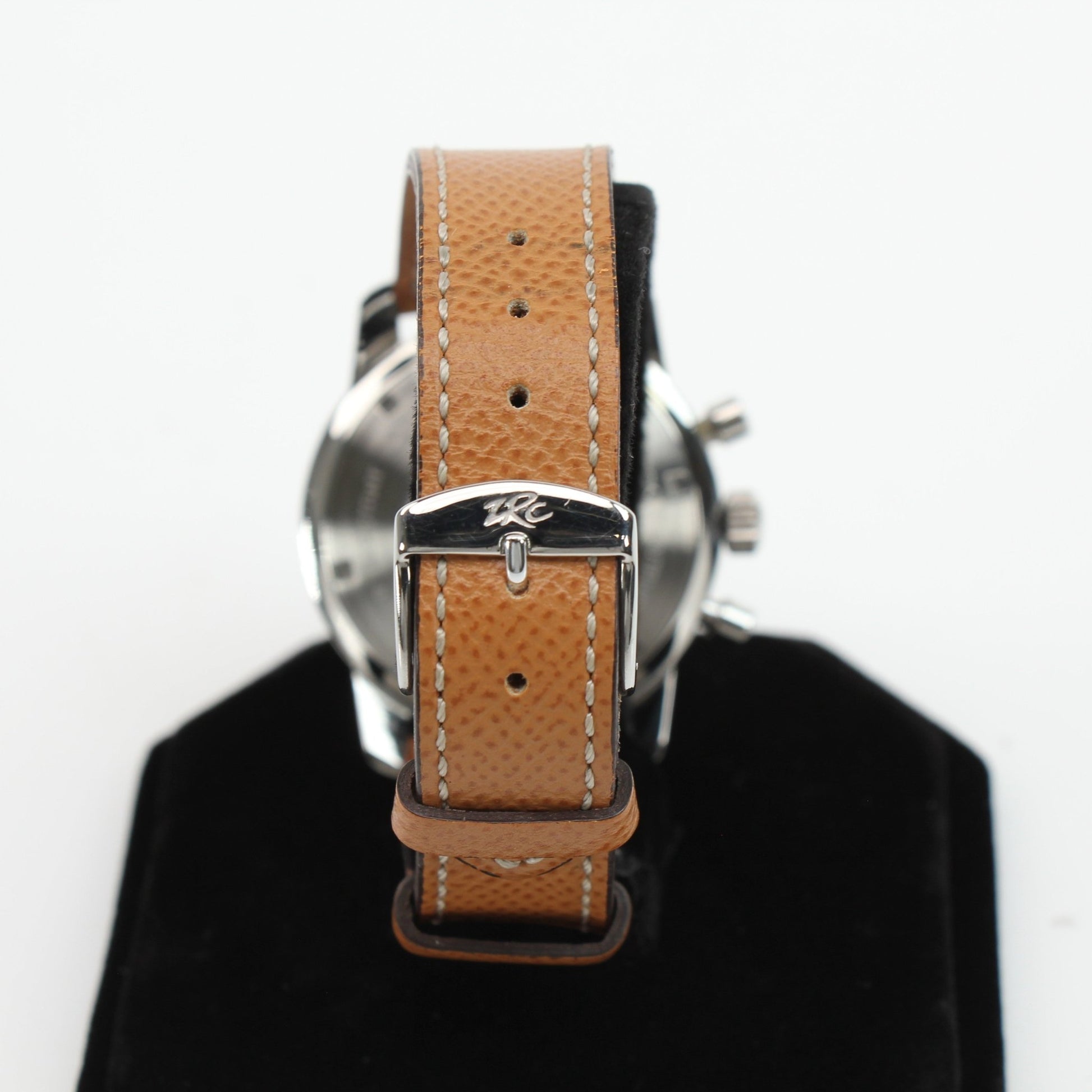 Gold & Beyond Bucherer Vintage Chronograph watch with stainless steel case and black leather strap, close-up view of dial and features.