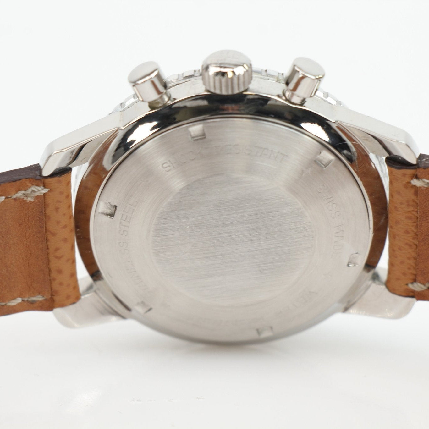 Gold & Beyond Bucherer vintage chronograph watch with a classic dial and leather strap, detailed close-up image.