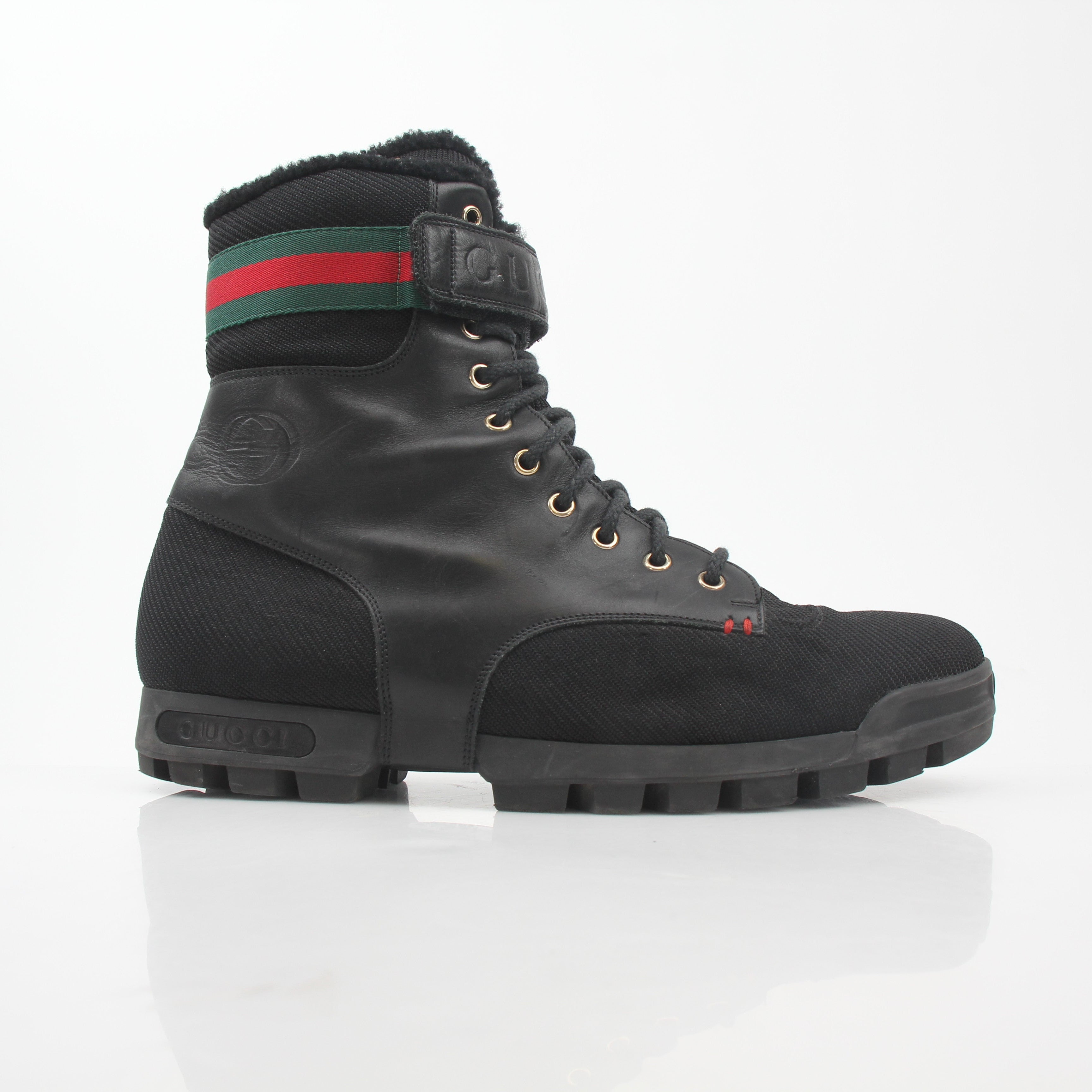 Black Gucci Web Accent Combat Boots with rugged soles and lace-up design, styled as fashionable shoes by Gold & Beyond.