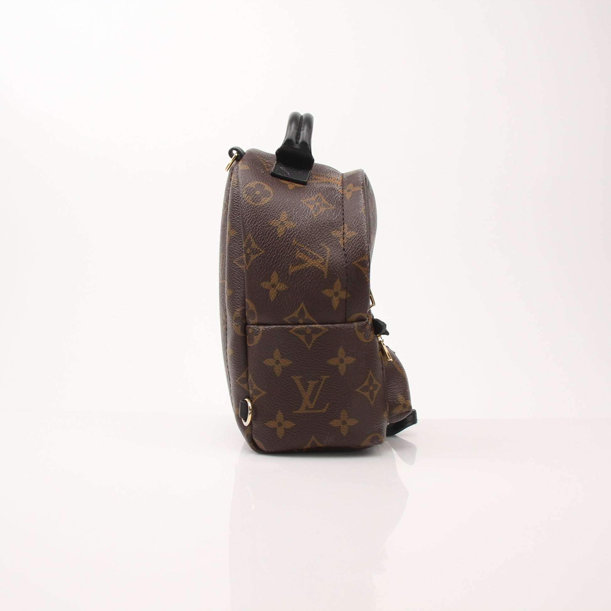 Gold & Beyond Louis Vuitton Palm Springs Mini Backpack handbag with monogram canvas and leather straps.
