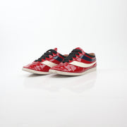 Gucci Red Falacer Hebron Web sneakers with gold accents, featuring a sporty shoe design and distinctive web detailing.