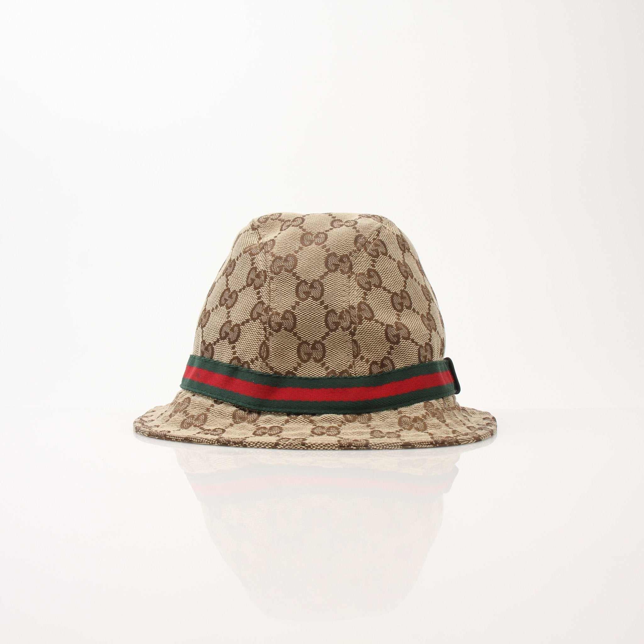 Gucci GG Canvas Bucket Hat in beige and brown with logo pattern, stylish accessories for sun protection and fashion.