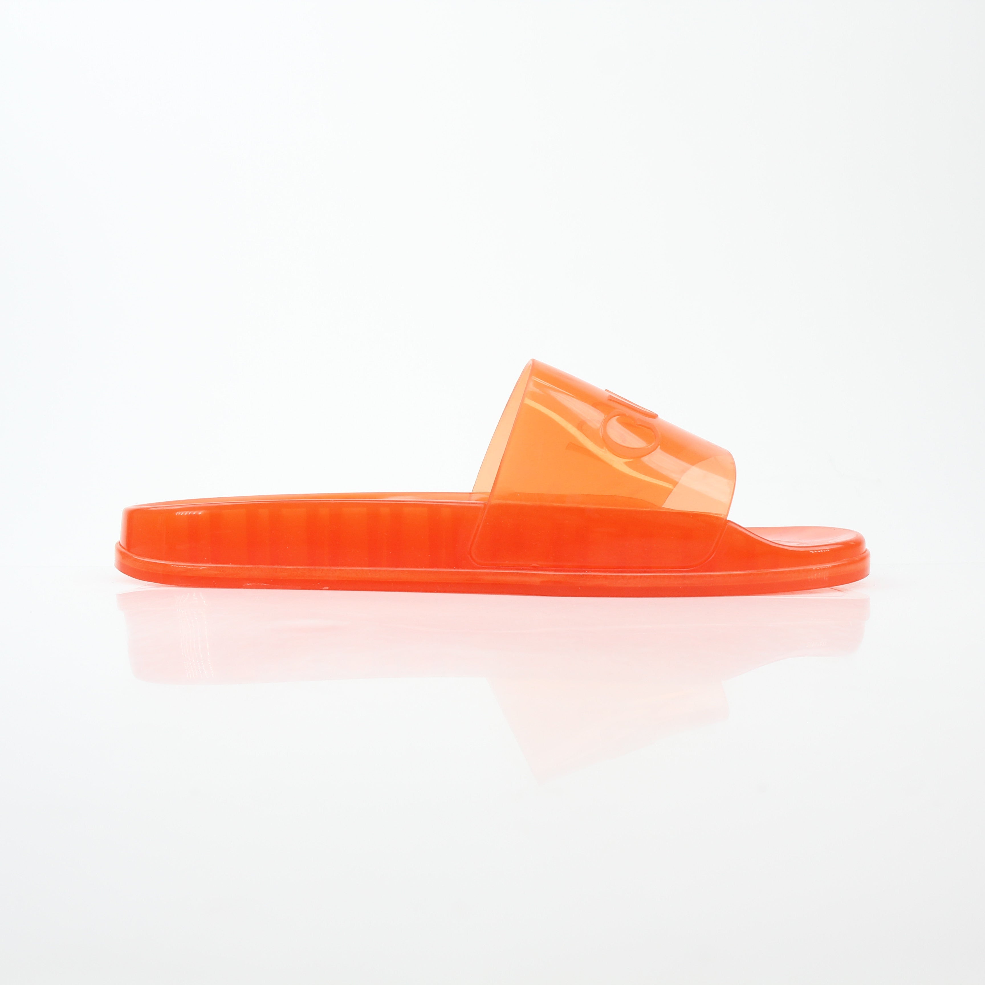 Gold & Beyond Gucci orange Pursuit logo slide sandals with cushioned straps and flat sole for casual wear.