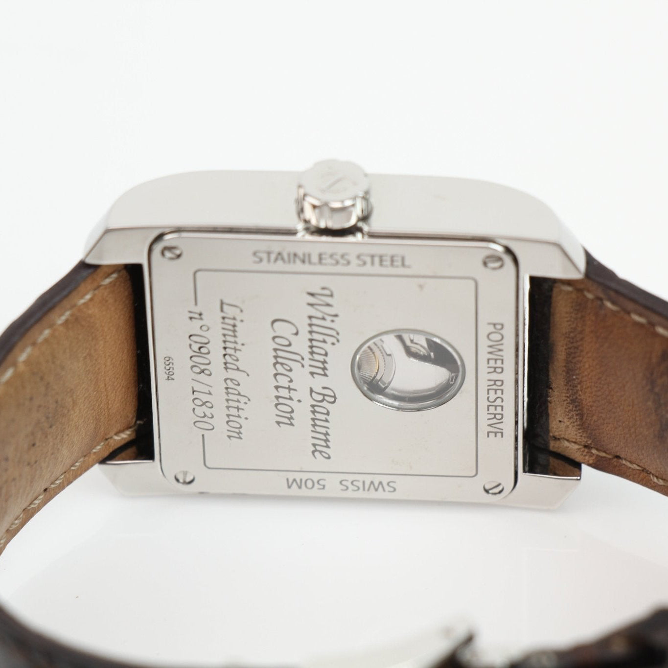 Gold & Beyond Baume & Mercier Hampton automatic watch with stainless steel case and leather strap, shown on a white background.