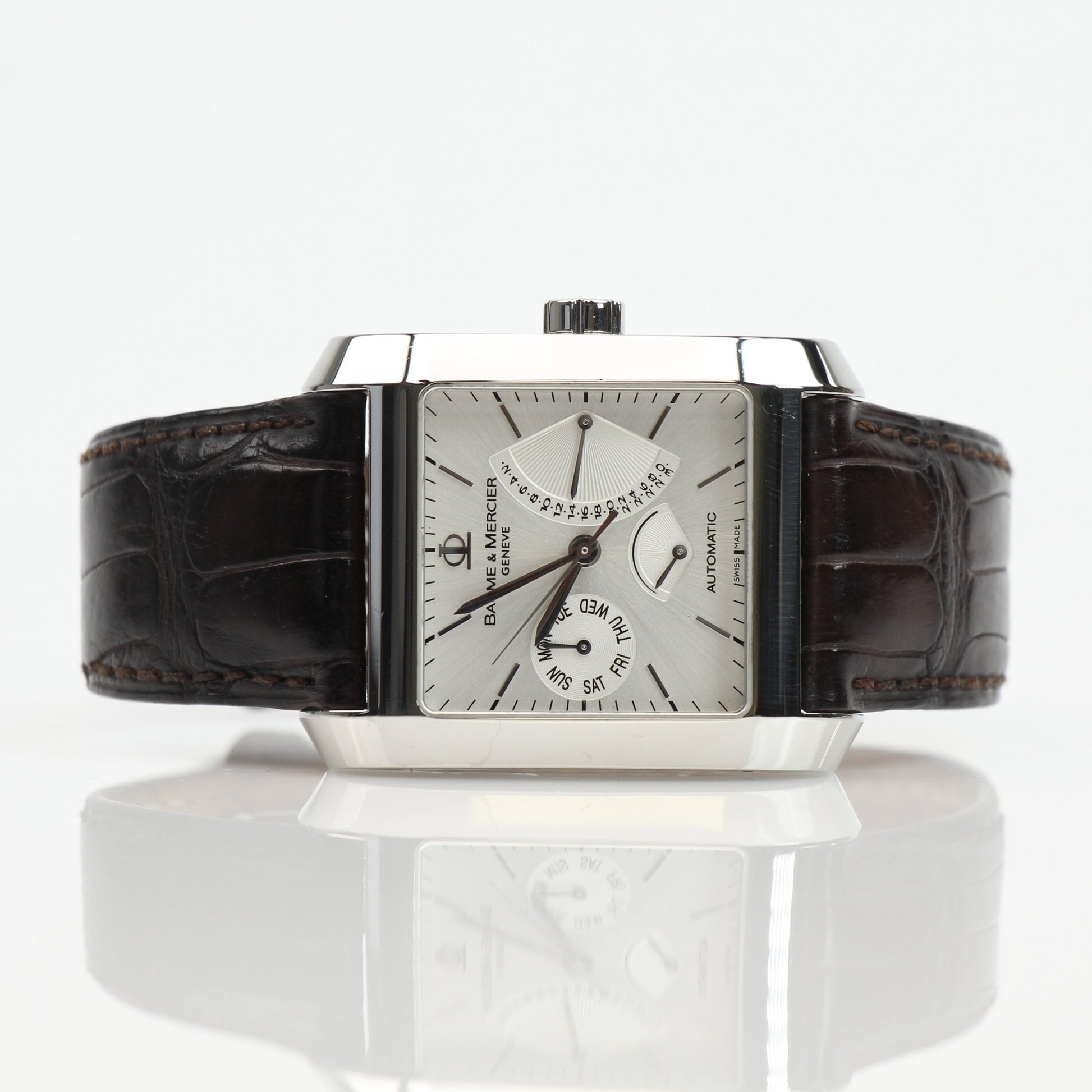 Gold & Beyond Baume & Mercier Hampton Automatic Watch with stainless steel case and elegant dial, displayed on a white background.