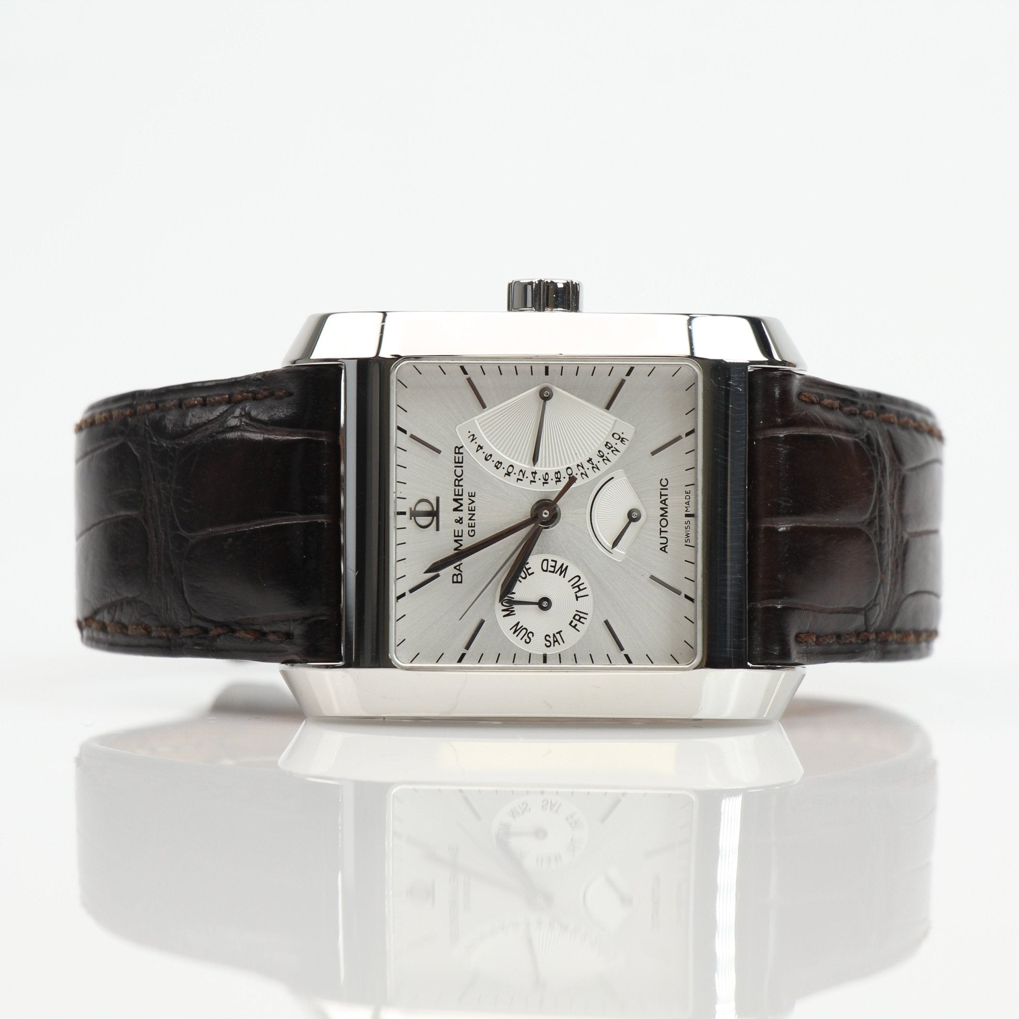 Gold & Beyond Baume & Mercier Hampton Automatic Watch with stainless steel case and elegant dial, displayed on a white background.