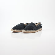 Black suede Dolce & Gabbana espadrille shoes with woven jute soles, showcased on a neutral background.