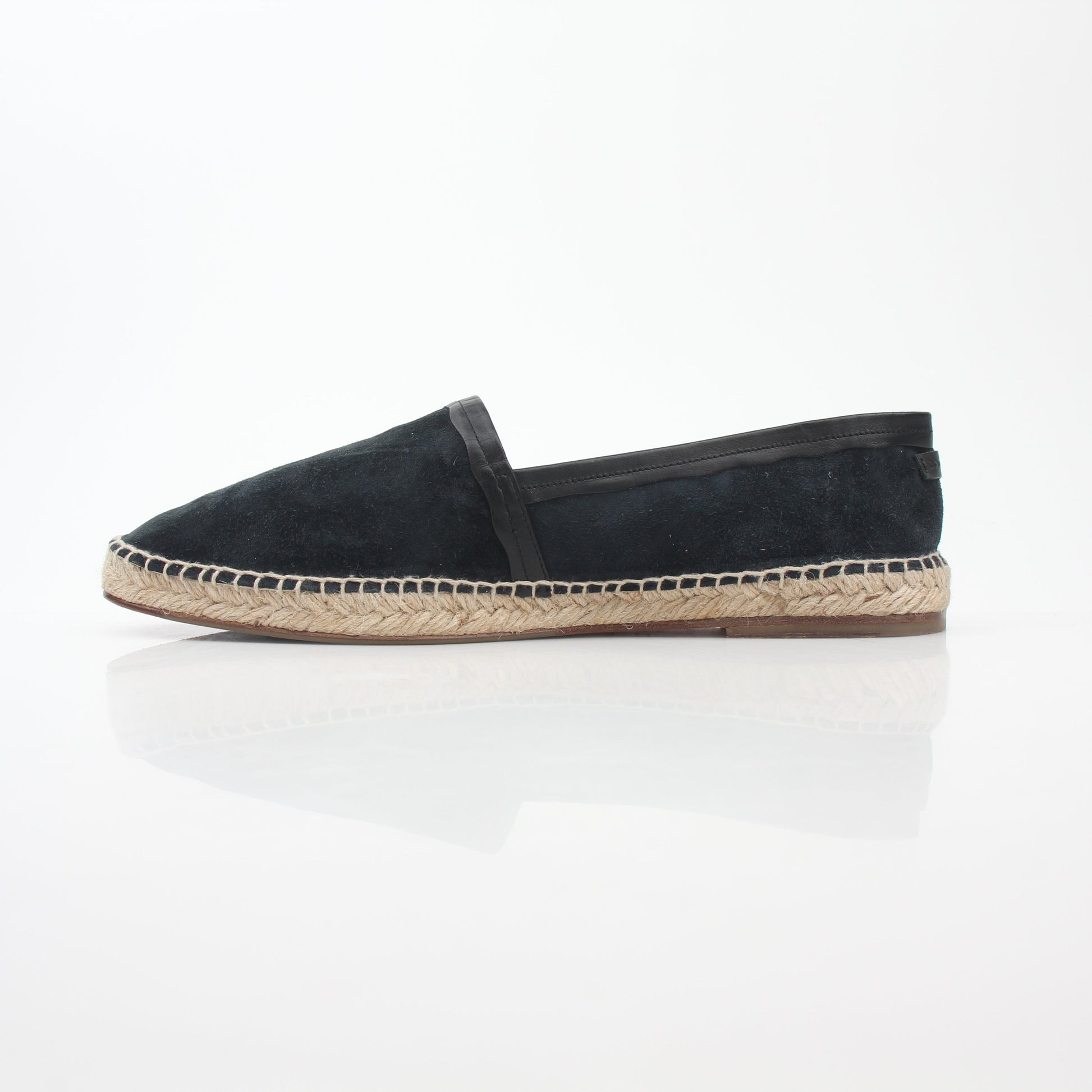 Black suede Dolce & Gabbana espadrille shoes with woven jute soles, displayed on a neutral background.