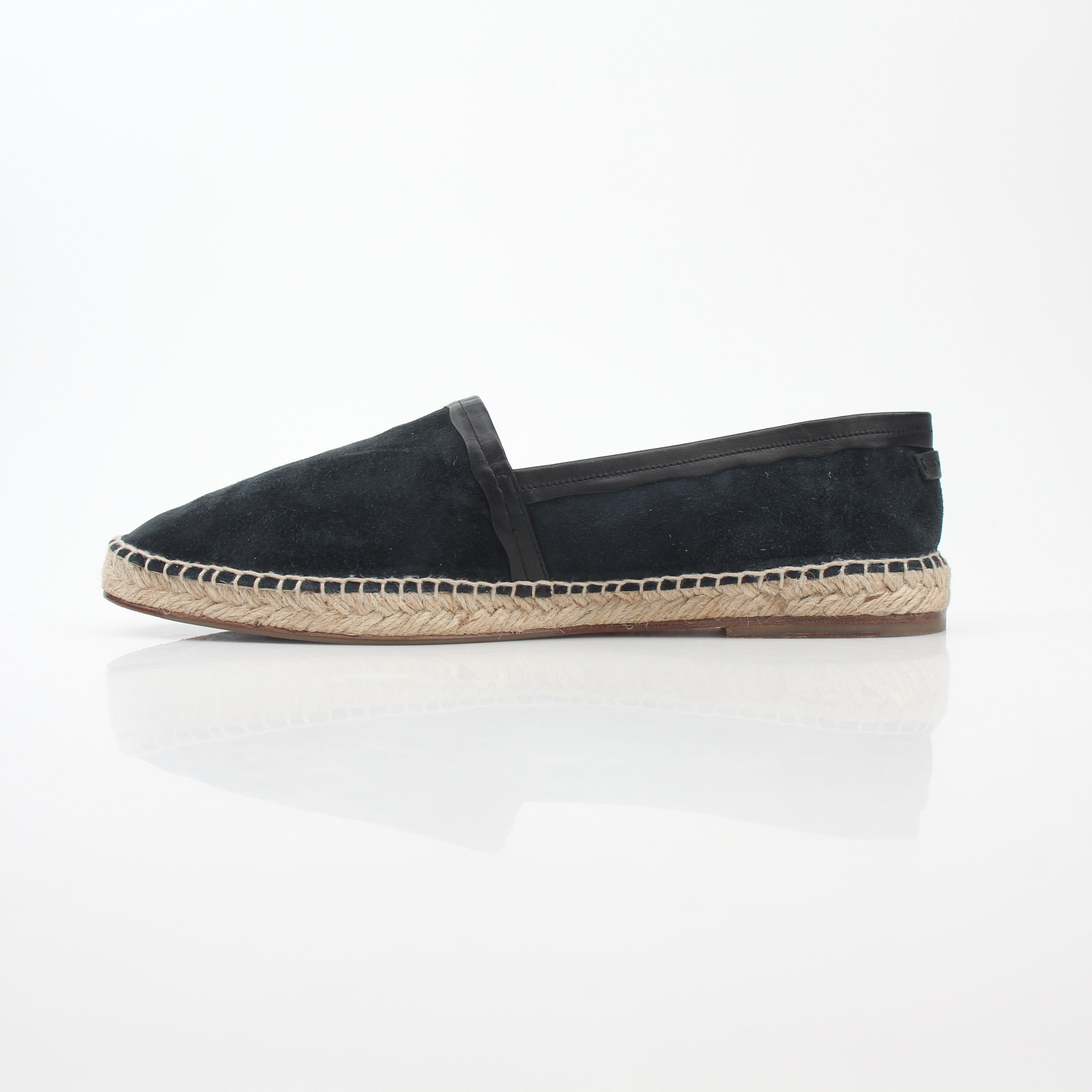 Black suede Dolce & Gabbana espadrille shoes with woven jute soles, displayed on a neutral background.