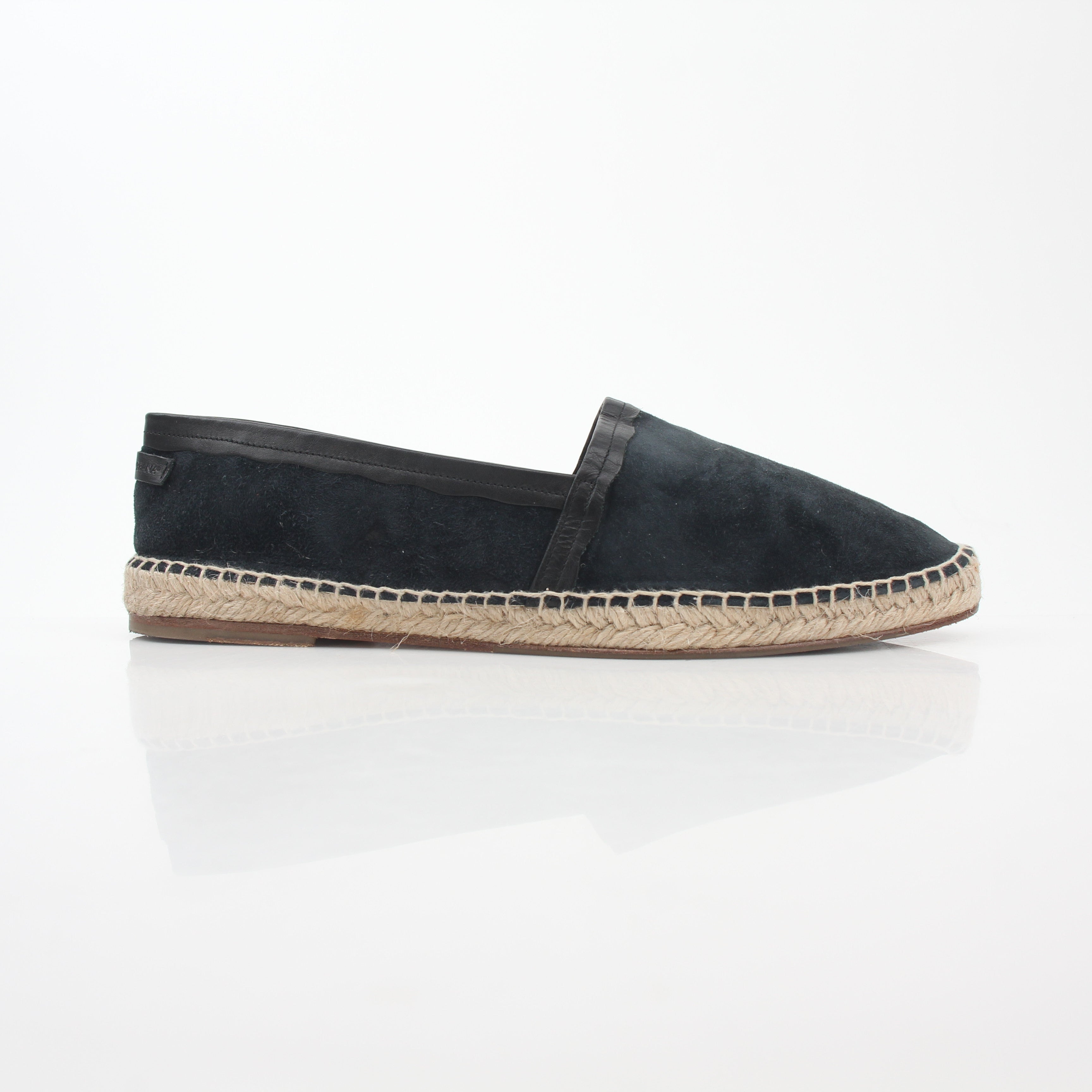 Black Dolce & Gabbana suede espadrille shoes with woven jute soles, displayed on a neutral background.