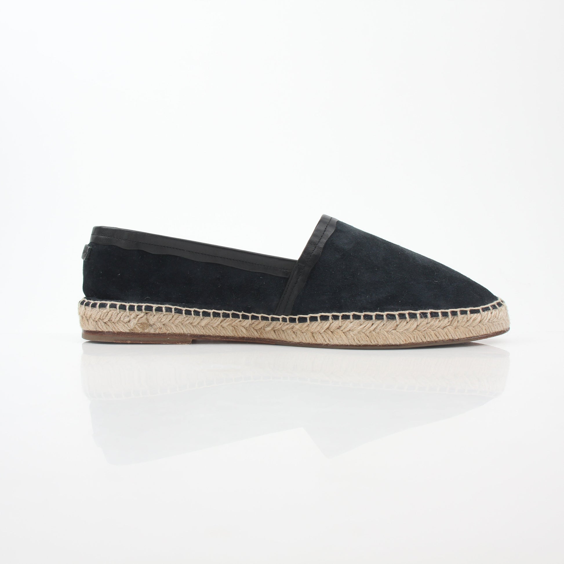 Gold & Beyond black suede Dolce & Gabbana espadrille shoes with woven jute soles and sleek slip-on design.