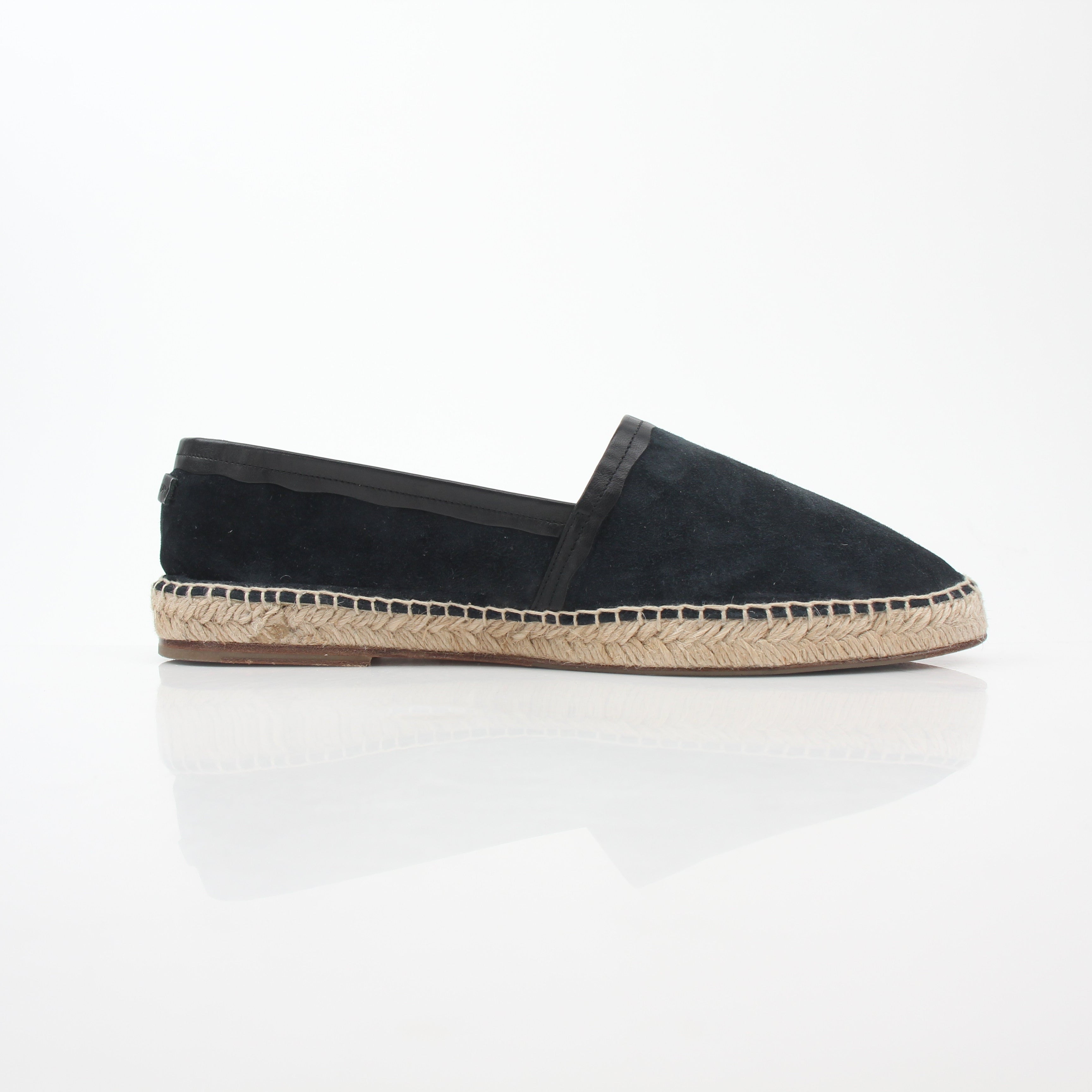 Gold & Beyond black suede Dolce & Gabbana espadrille shoes with woven jute soles and sleek slip-on design.