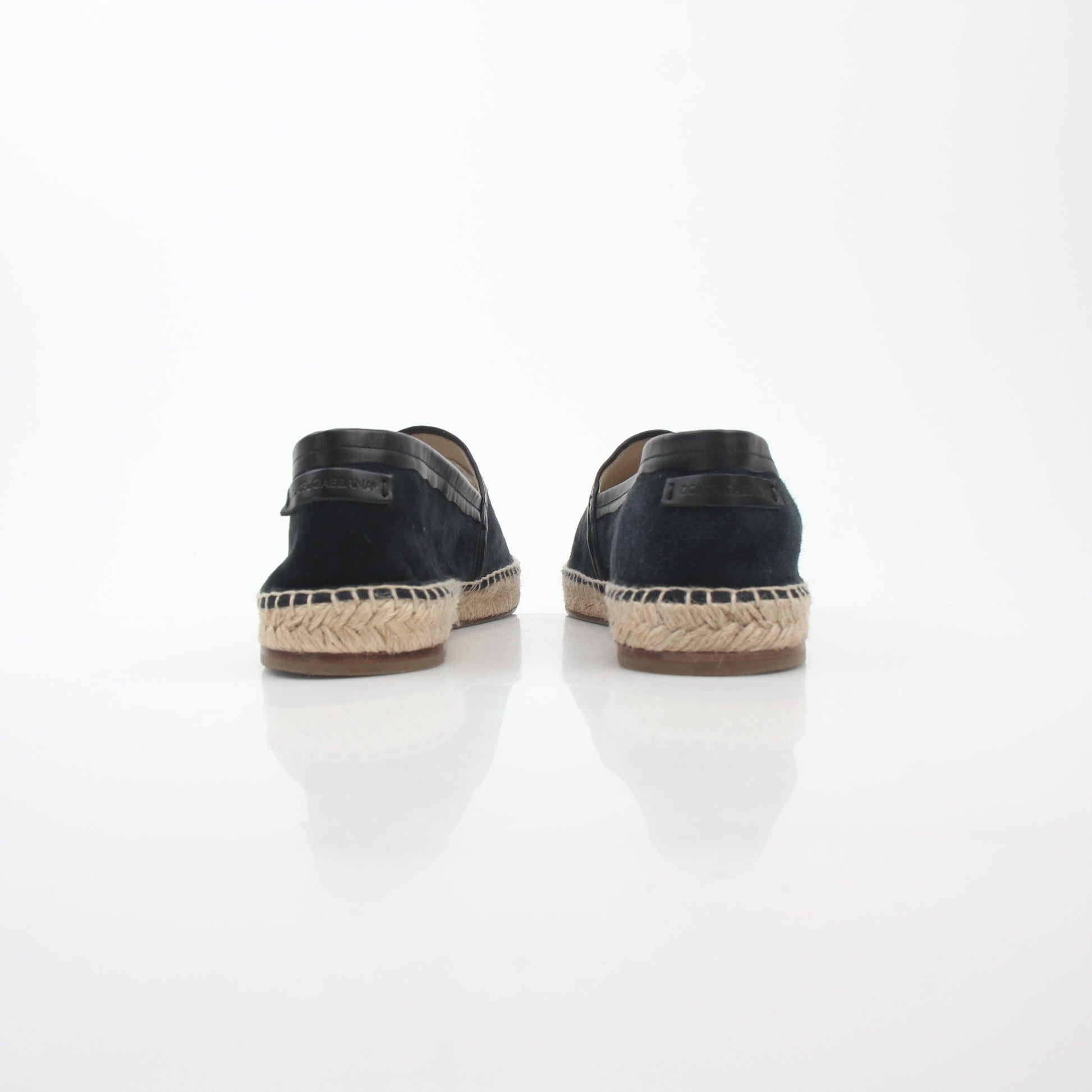 Gold & Beyond black suede Dolce & Gabbana espadrille shoes with woven jute soles and slip-on style for casual elegance.