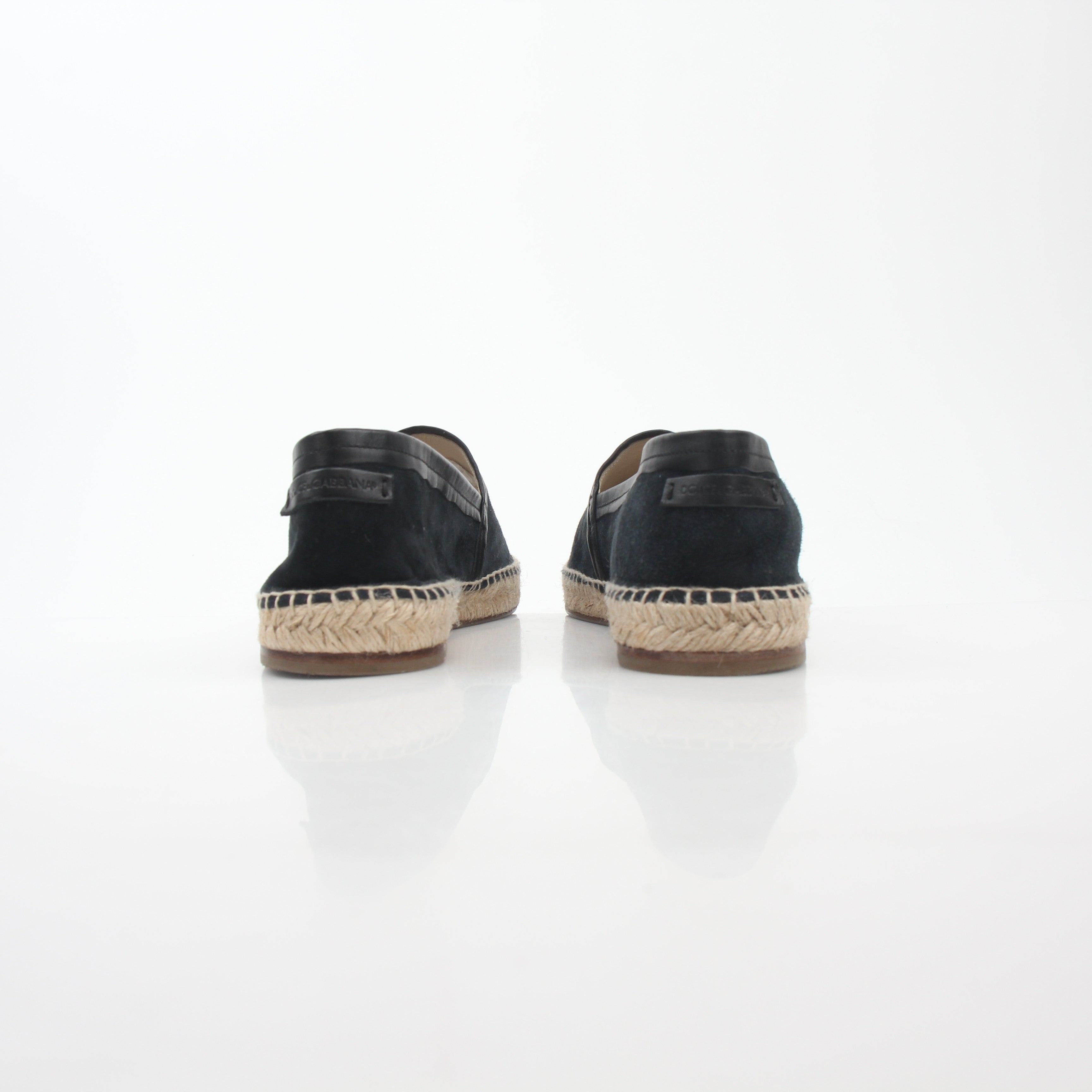Gold & Beyond black suede Dolce & Gabbana espadrille shoes with woven jute soles and slip-on style for casual elegance.