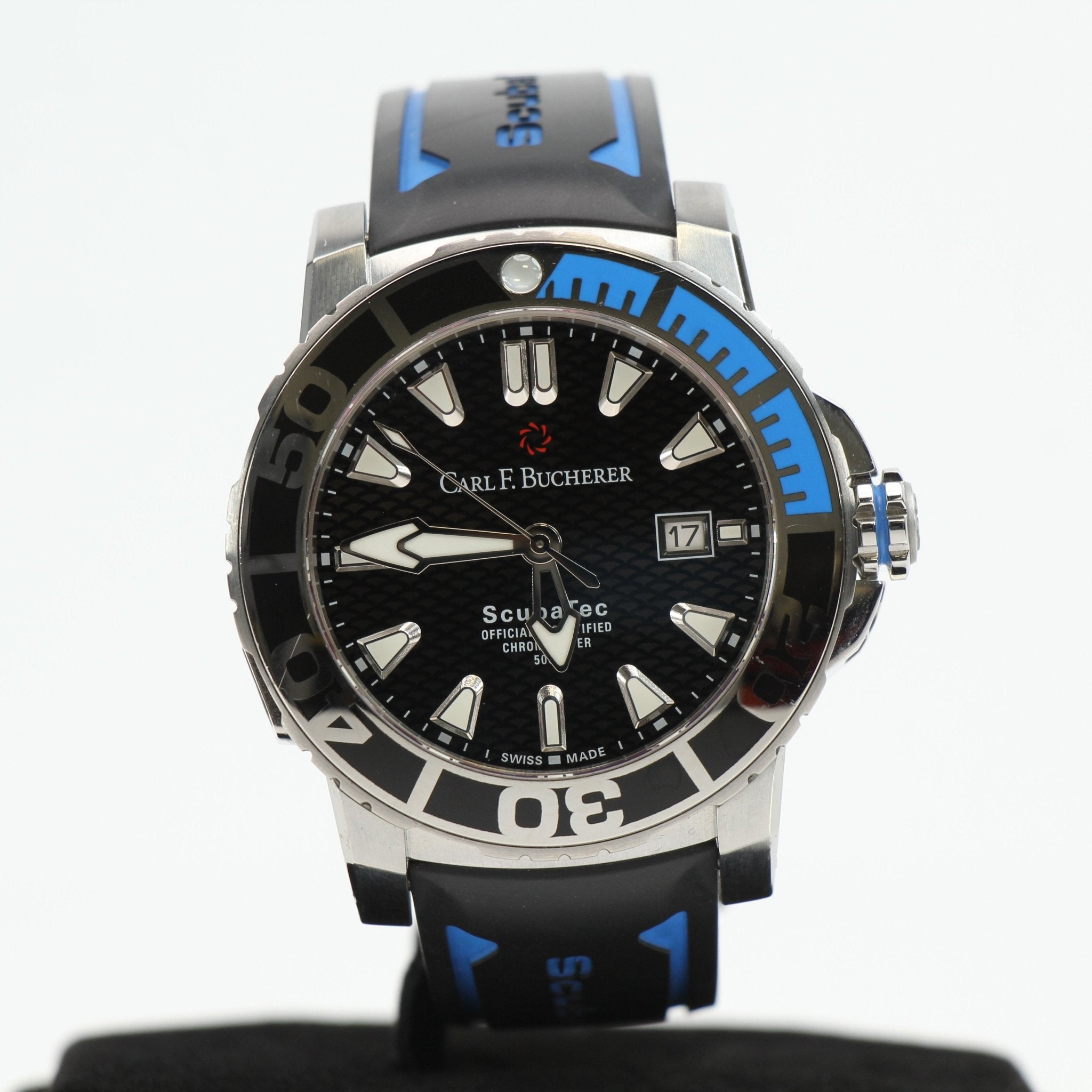 Carl F. Bucherer ScubaTec diver watch with black dial, stainless steel bracelet, and rotating bezel, designed for underwater exploration.