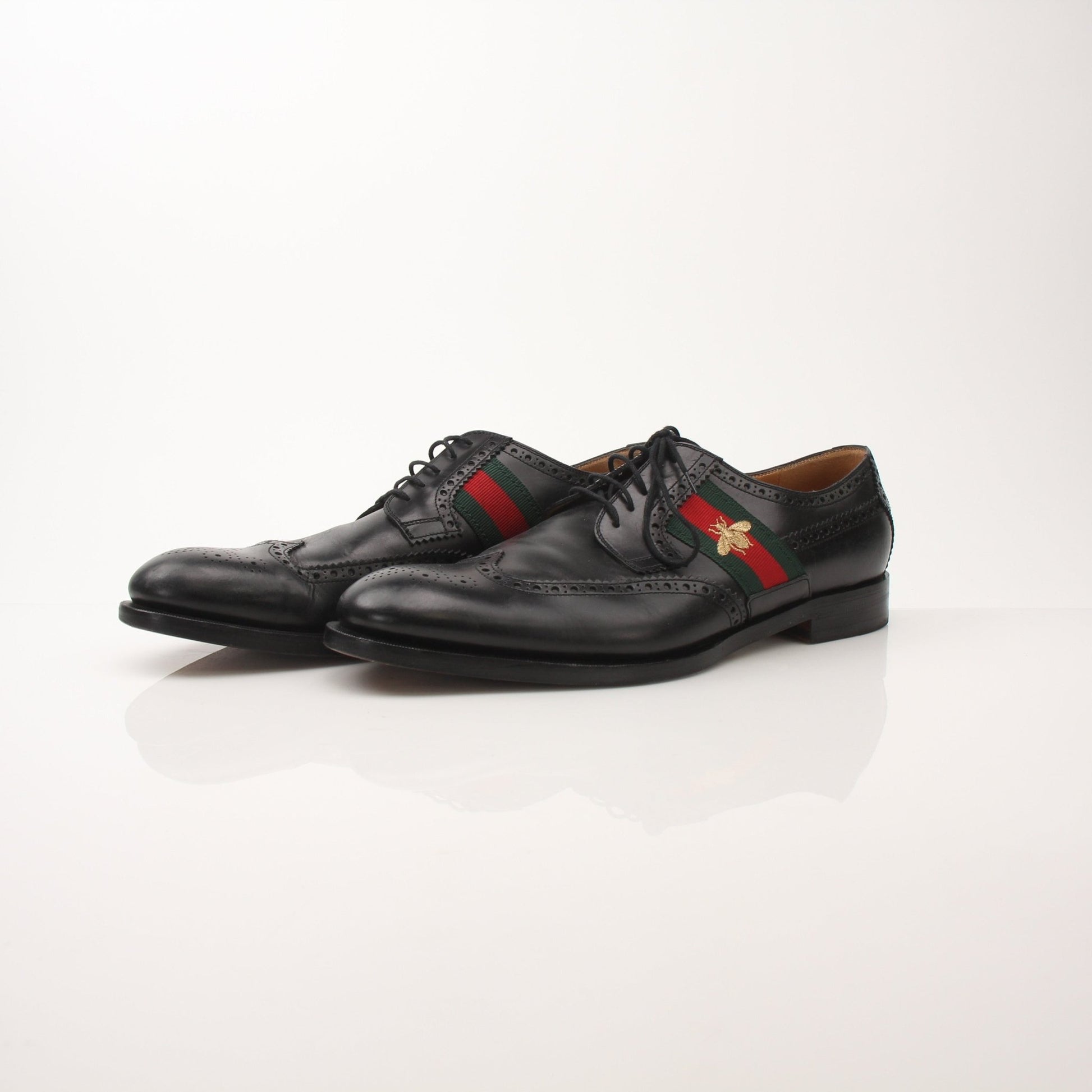 Gold & Beyond Gucci men’s Bee Web Derby shoes featuring leather uppers and intricate web detailing in a stylish shoe design.