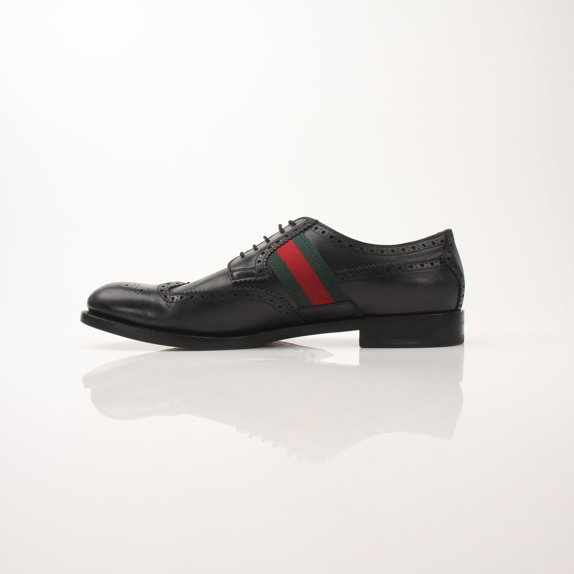 Gold & Beyond Gucci men's Bee Web Derby shoes featuring classic leather design and intricate bee and web detailing.