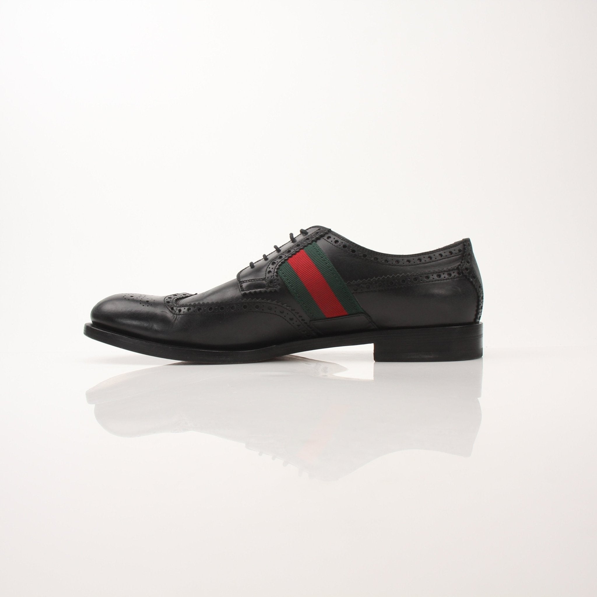 Gold & Beyond Gucci men's Bee Web Derby shoes featuring classic leather design and intricate bee and web detailing.