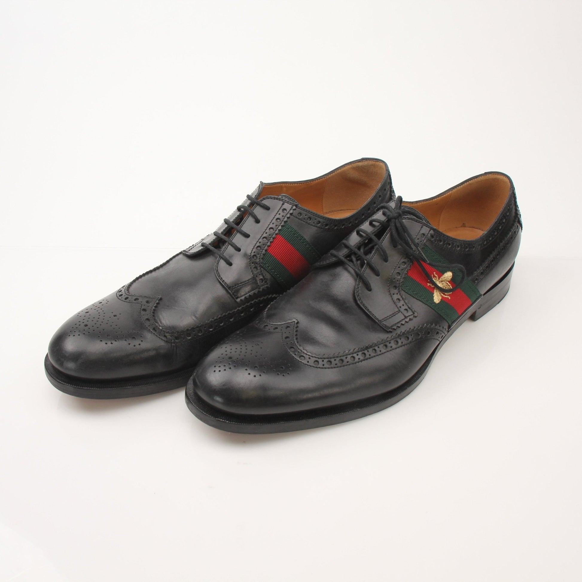 Gold & Beyond Gucci men's Bee Web Derby shoes, stylish leather shoes with intricate bee and web design details.