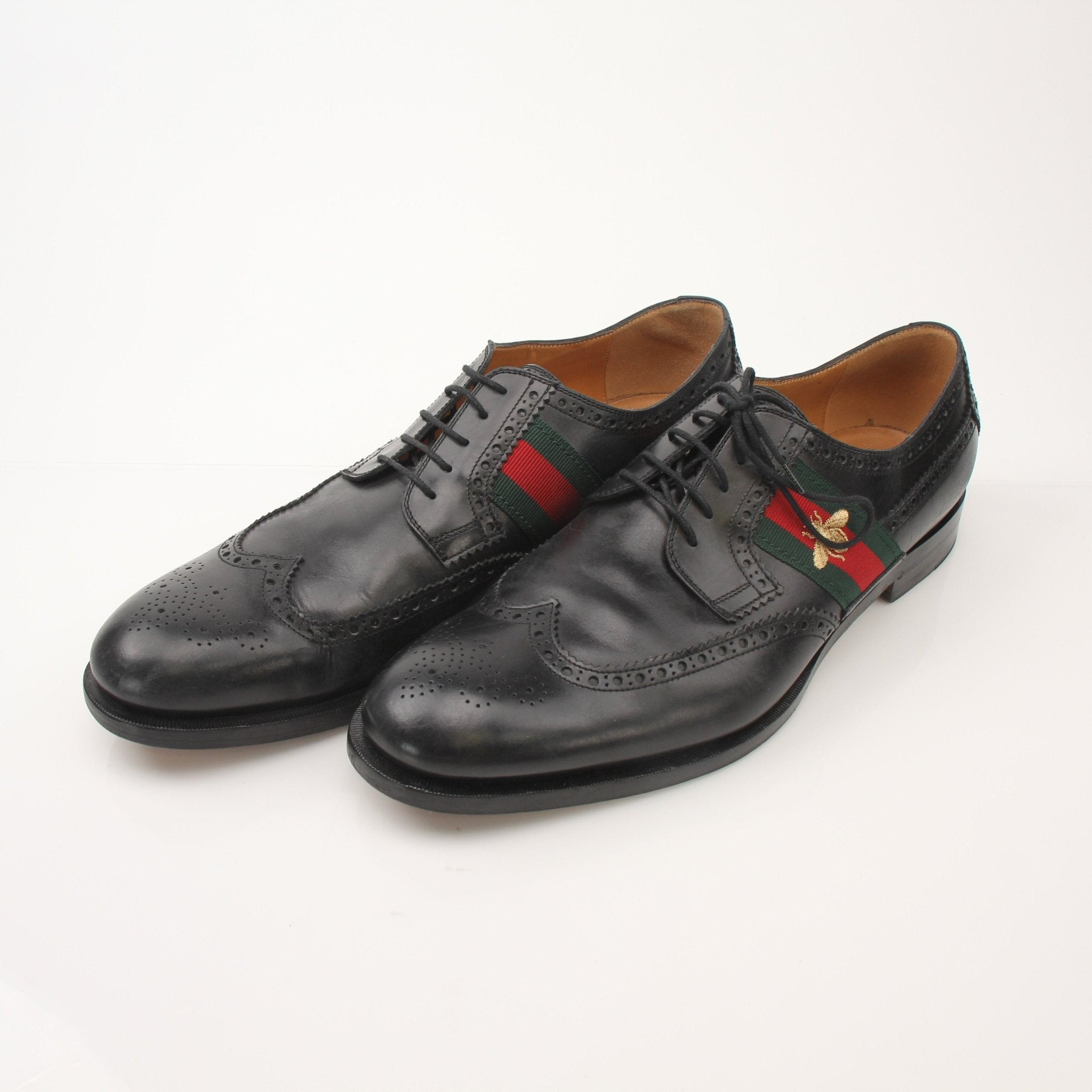 Gold & Beyond Gucci men's Bee Web Derby shoes, stylish leather shoes with intricate bee and web design details.