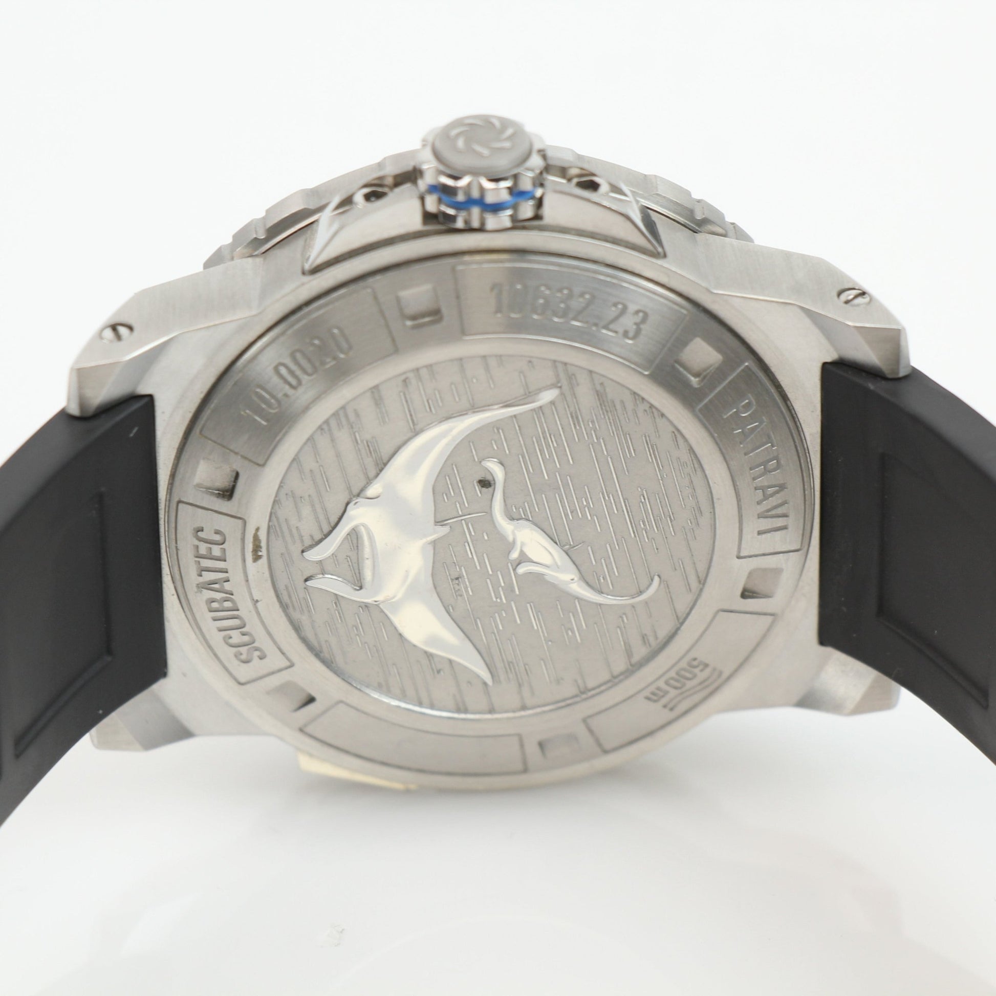 Carl F. Bucherer ScubaTec diver watch with stainless steel case, black dial, and unidirectional bezel, displayed on a white background.