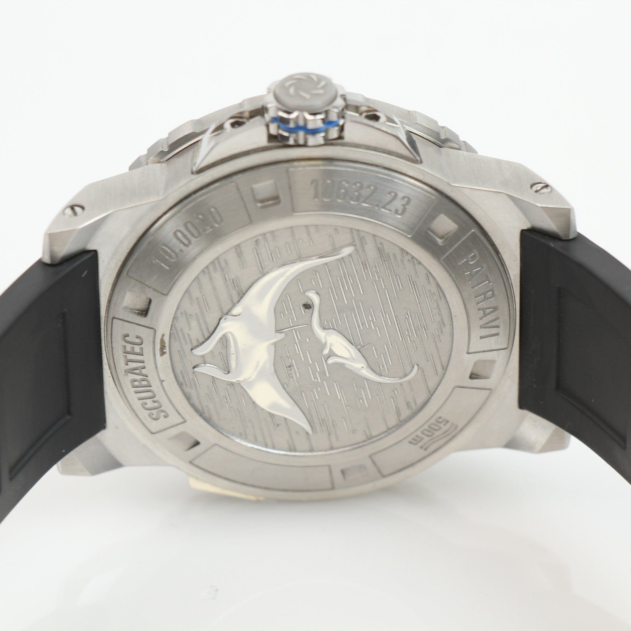 Carl F. Bucherer ScubaTec diver watch with stainless steel case, black dial, and unidirectional bezel, displayed on a white background.