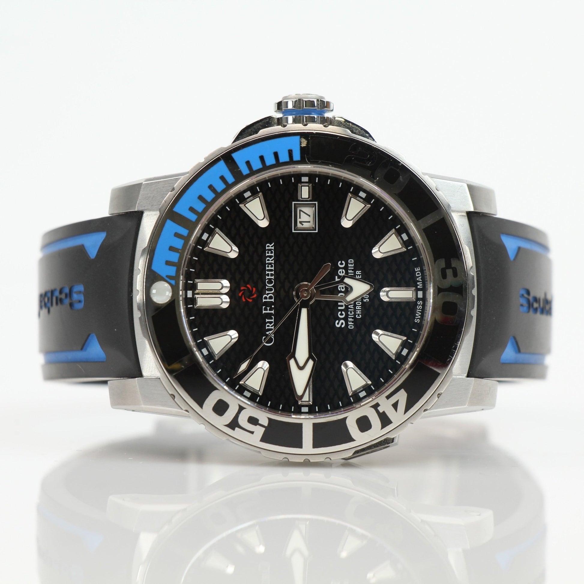 Carl F. Bucherer ScubaTec diver watch with stainless steel bracelet, black dial, and rotating bezel.