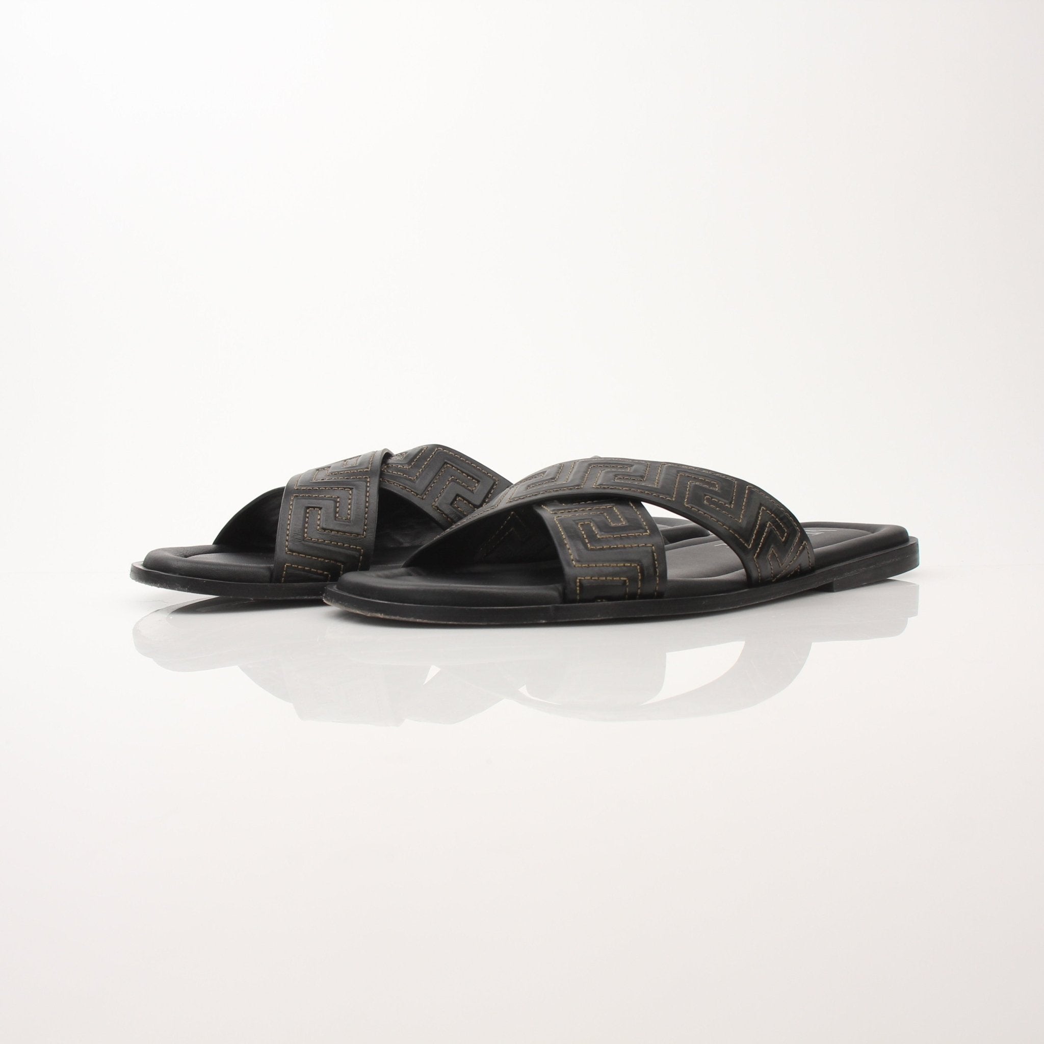 Versace men's Greca sandals by Gold & Beyond, stylish men's shoes with iconic Greca pattern leather straps.
