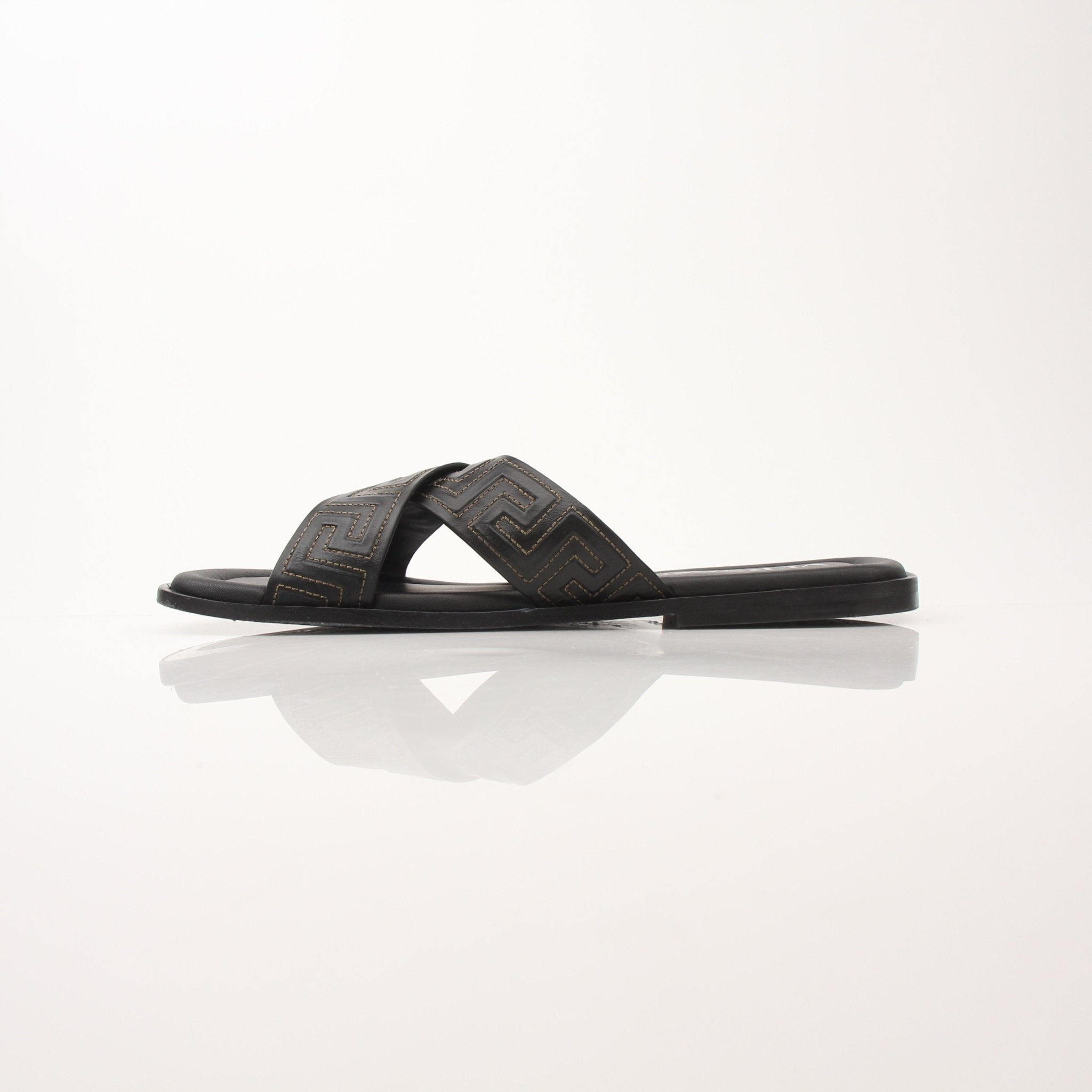 Versace men's Greca sandals in gold, featuring signature Greek key design and comfortable slip-on style.