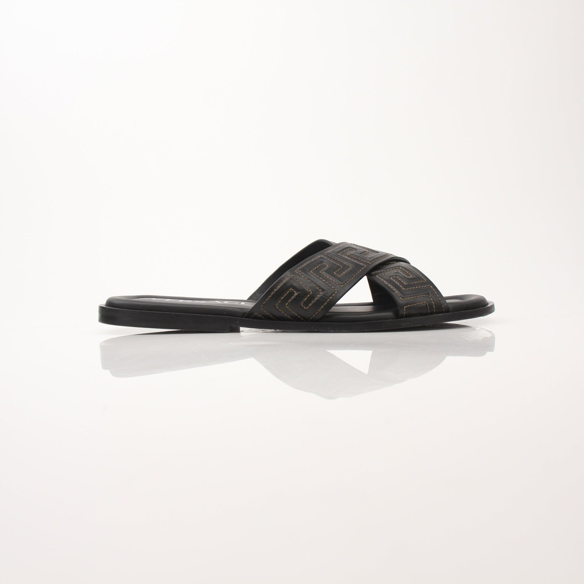 Versace Men’s Greca Sandals by Gold & Beyond, stylish men's shoes with signature Greca pattern in black and gold.
