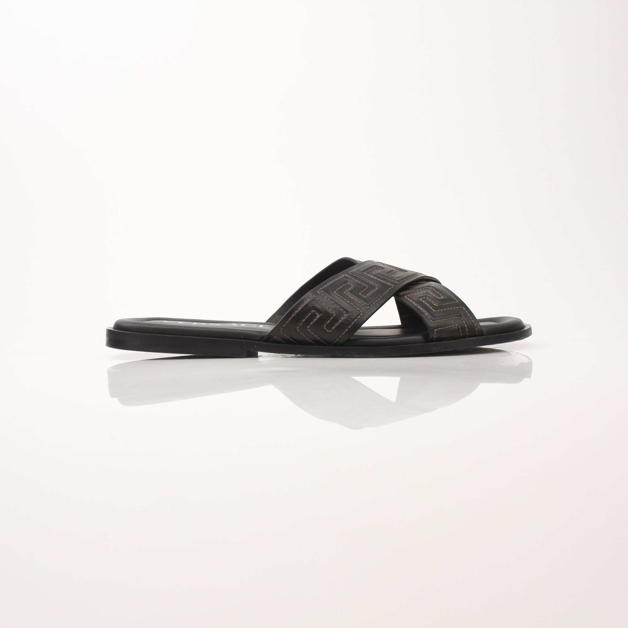 Versace Men’s Greca Sandals by Gold & Beyond, stylish men's shoes with signature Greca pattern in black and gold.