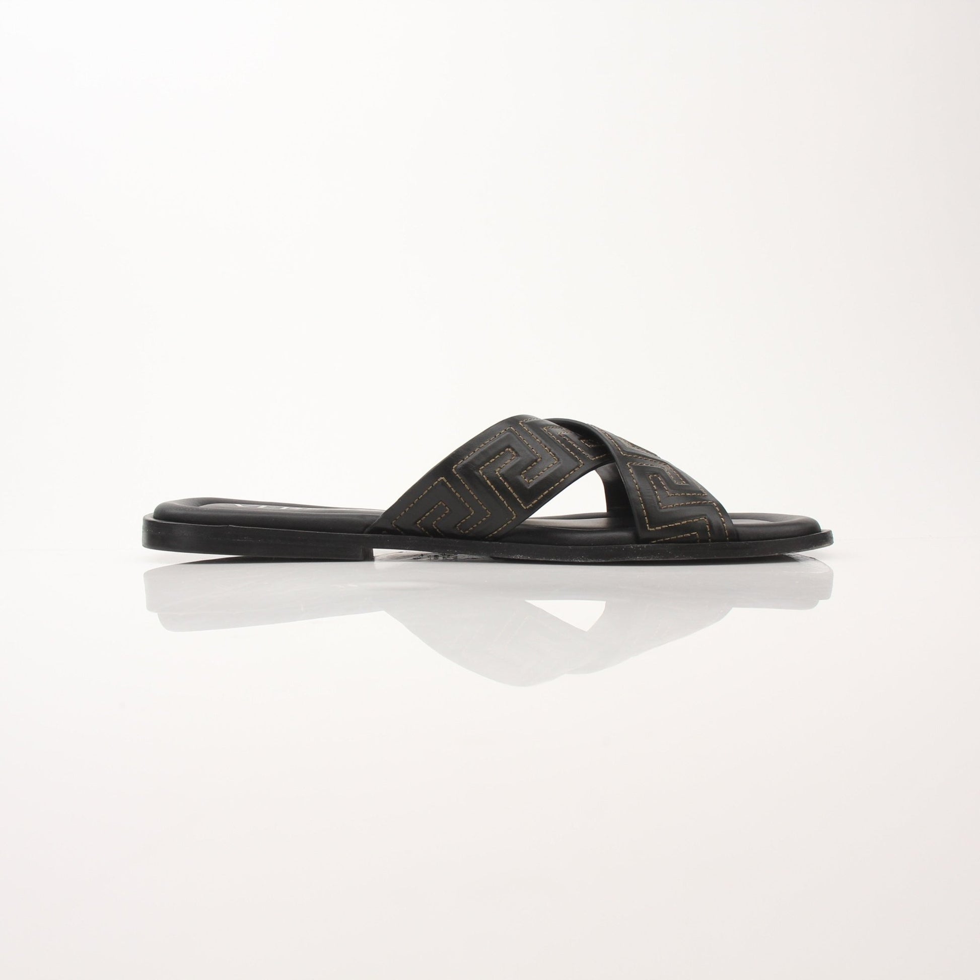 Gold & Beyond Versace Men’s Greca Sandals, stylish shoes with iconic Greca pattern and sleek design.