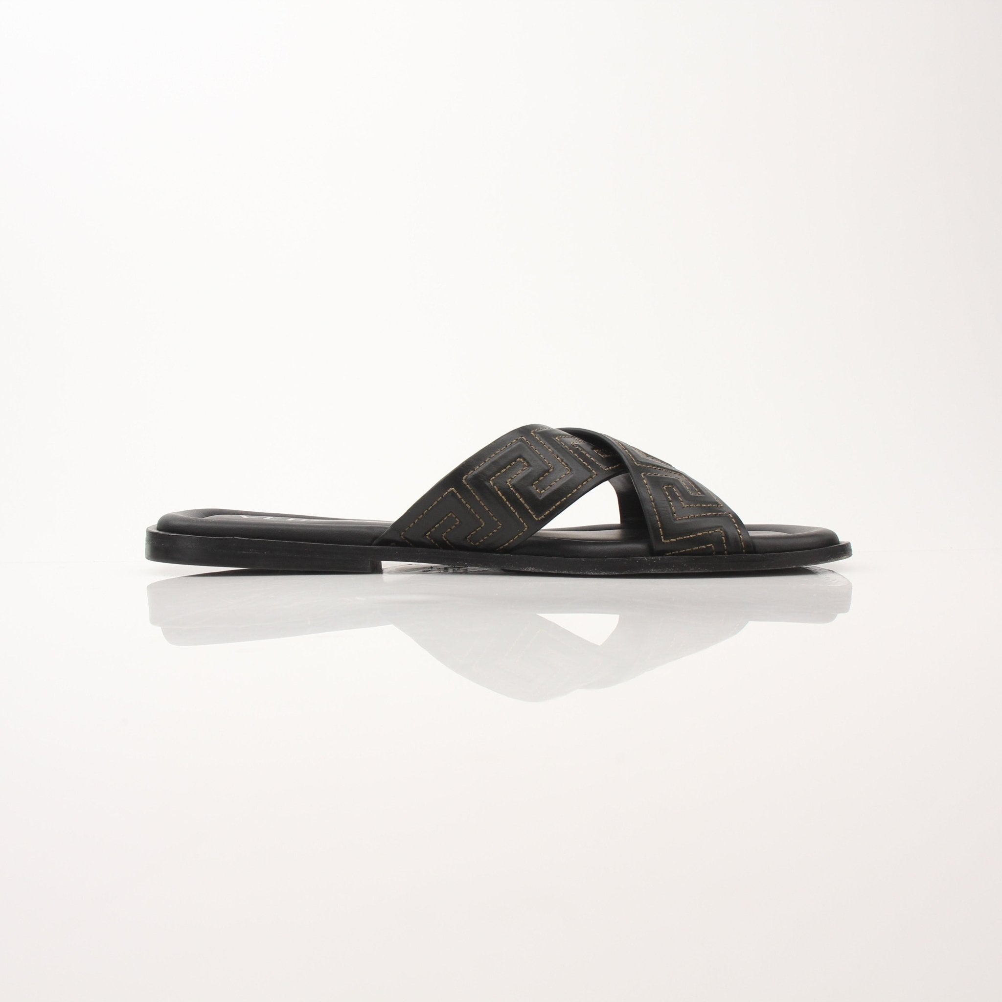 Gold & Beyond Versace Men’s Greca Sandals, stylish shoes with iconic Greca pattern and sleek design.