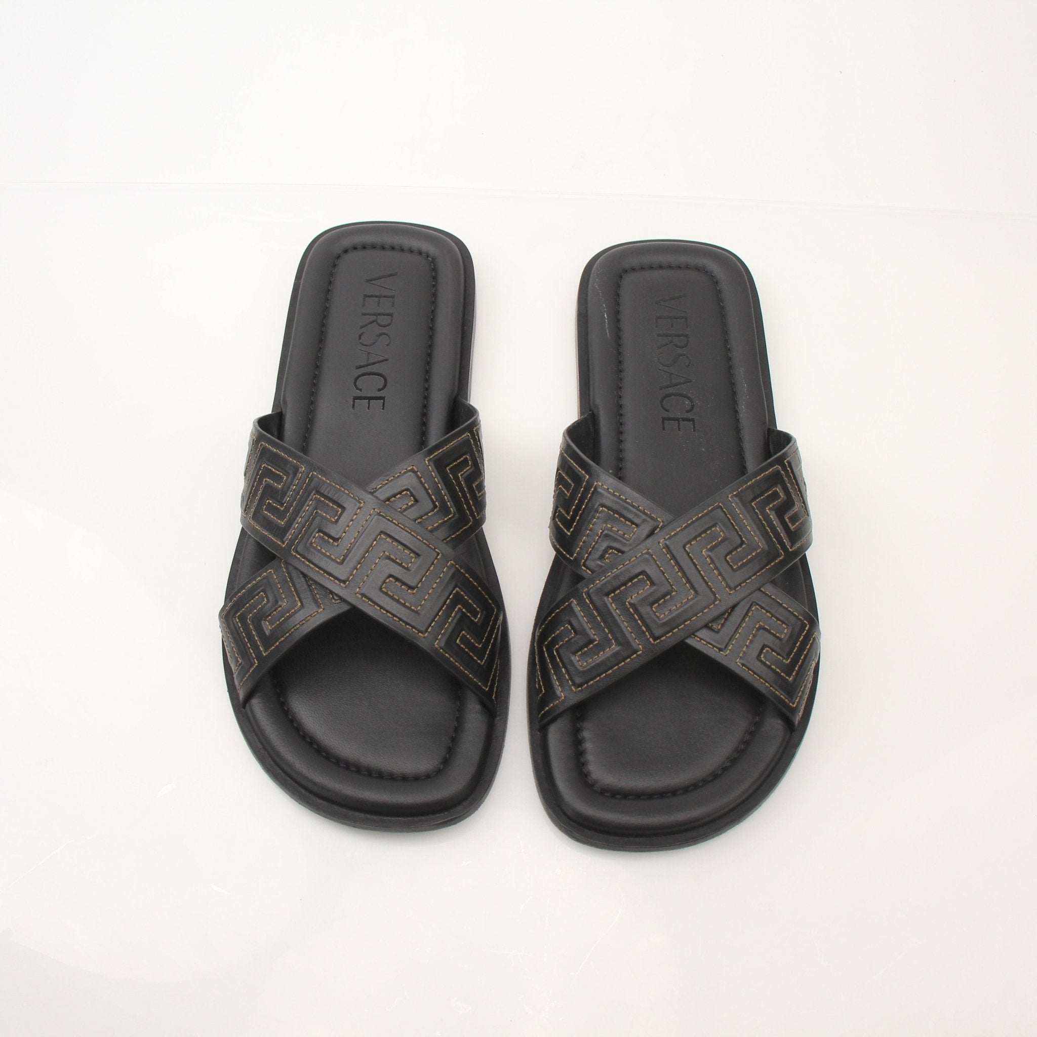 Gold & Beyond Versace men's Greca sandals, stylish shoes with iconic Greek key pattern and comfortable design.
