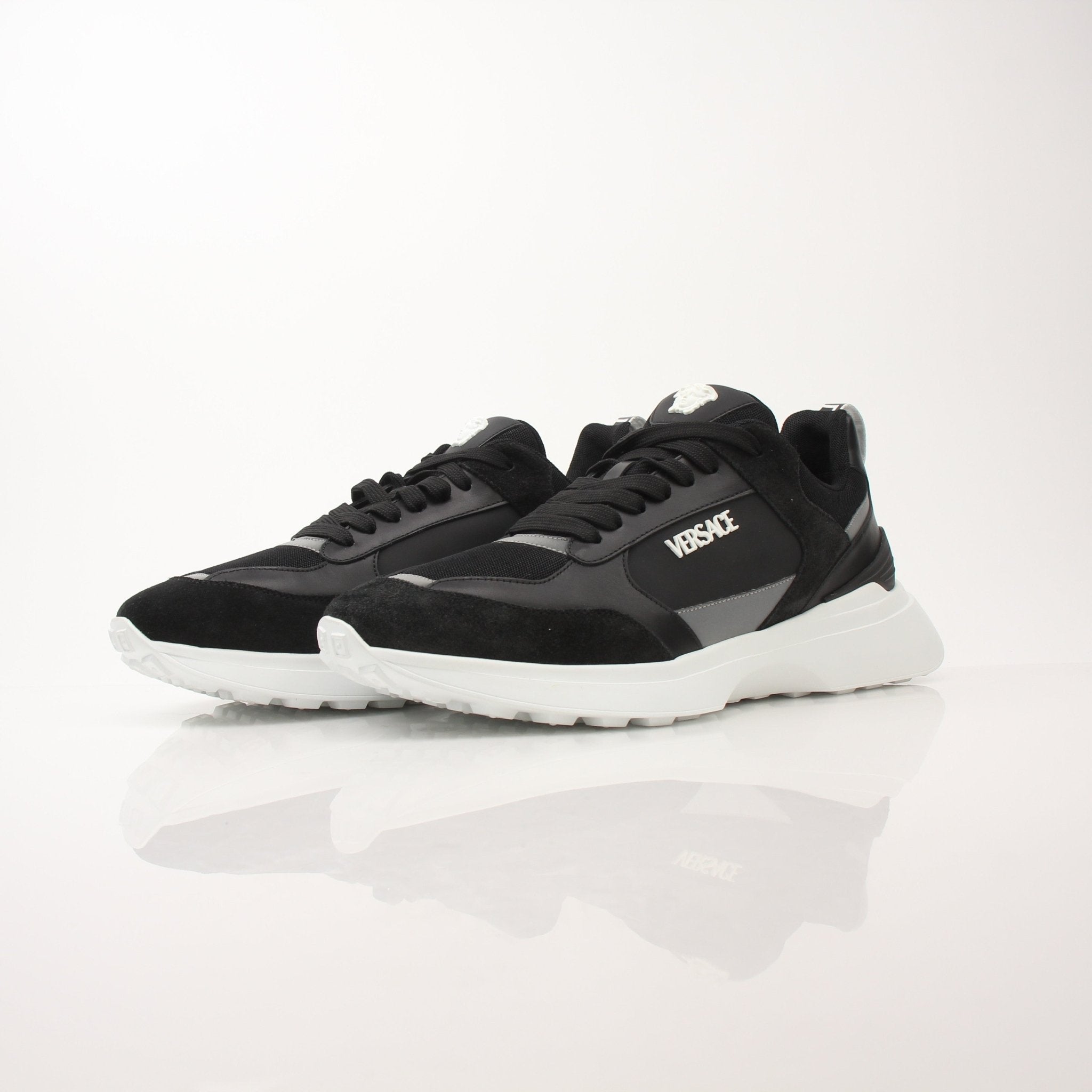 Gold & Beyond Versace Men’s Medusa Sneakers, stylish shoes with Medusa logo and sleek design, displayed on a white background.