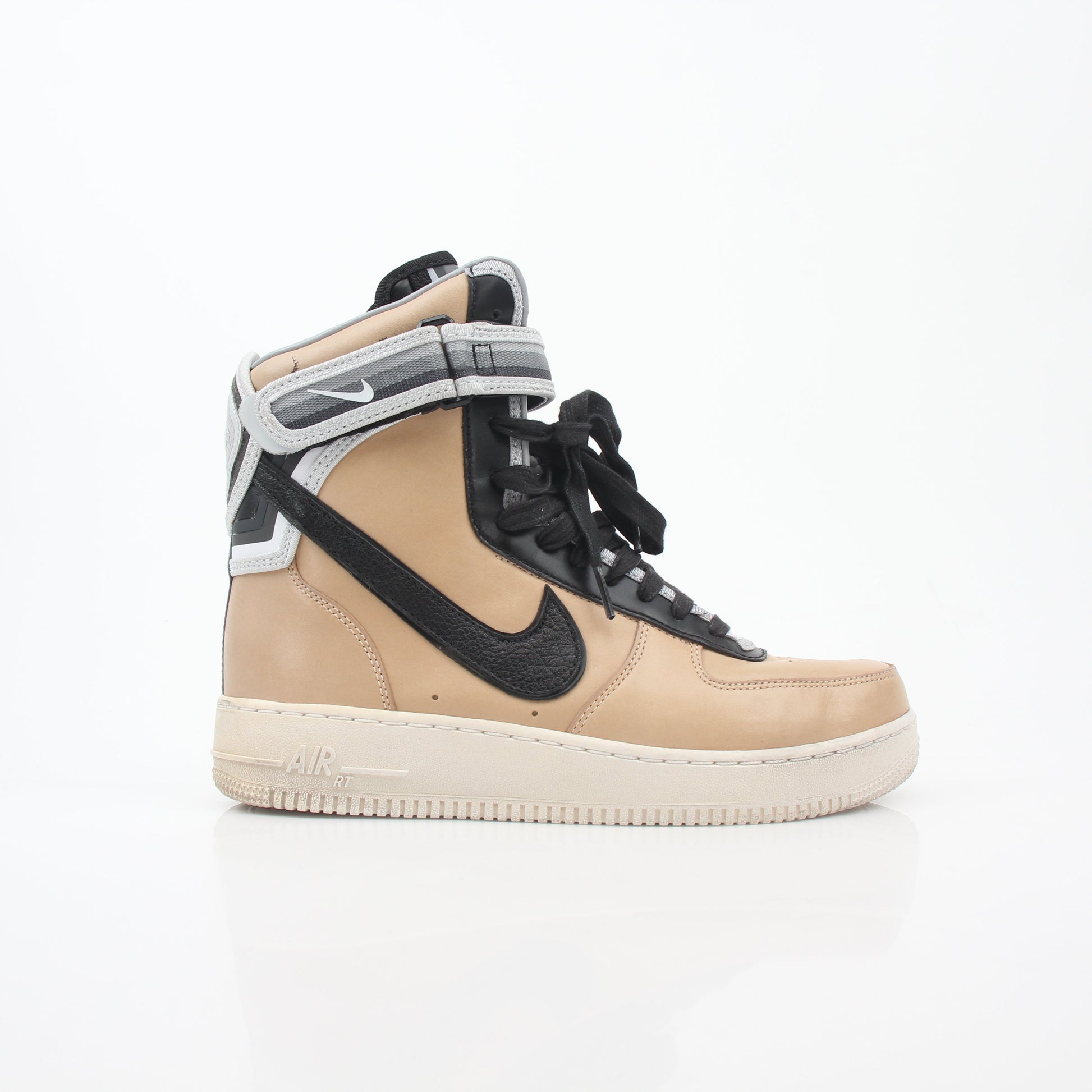 Nike x Riccardo Tisci Tan Air Force 1 High SP sneakers, gold and beige shoes with unique design details from Gold & Beyond.